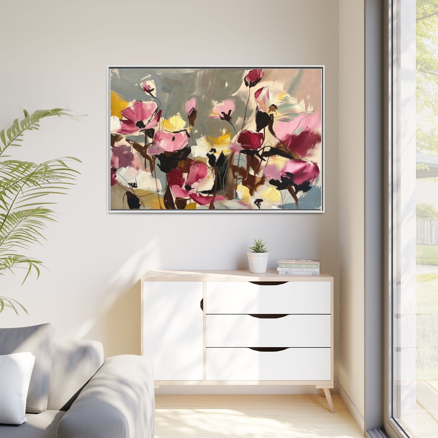 Framed Floral Canvas Wall Art — Abstract Pink & Yellow Flowers
