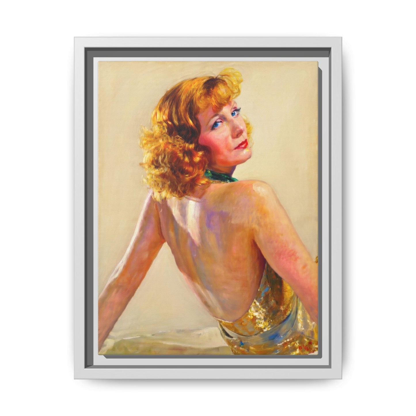 Framed Matte Canvas Print — Vintage Portrait of Redhead Greta Garbo in Gold Dress