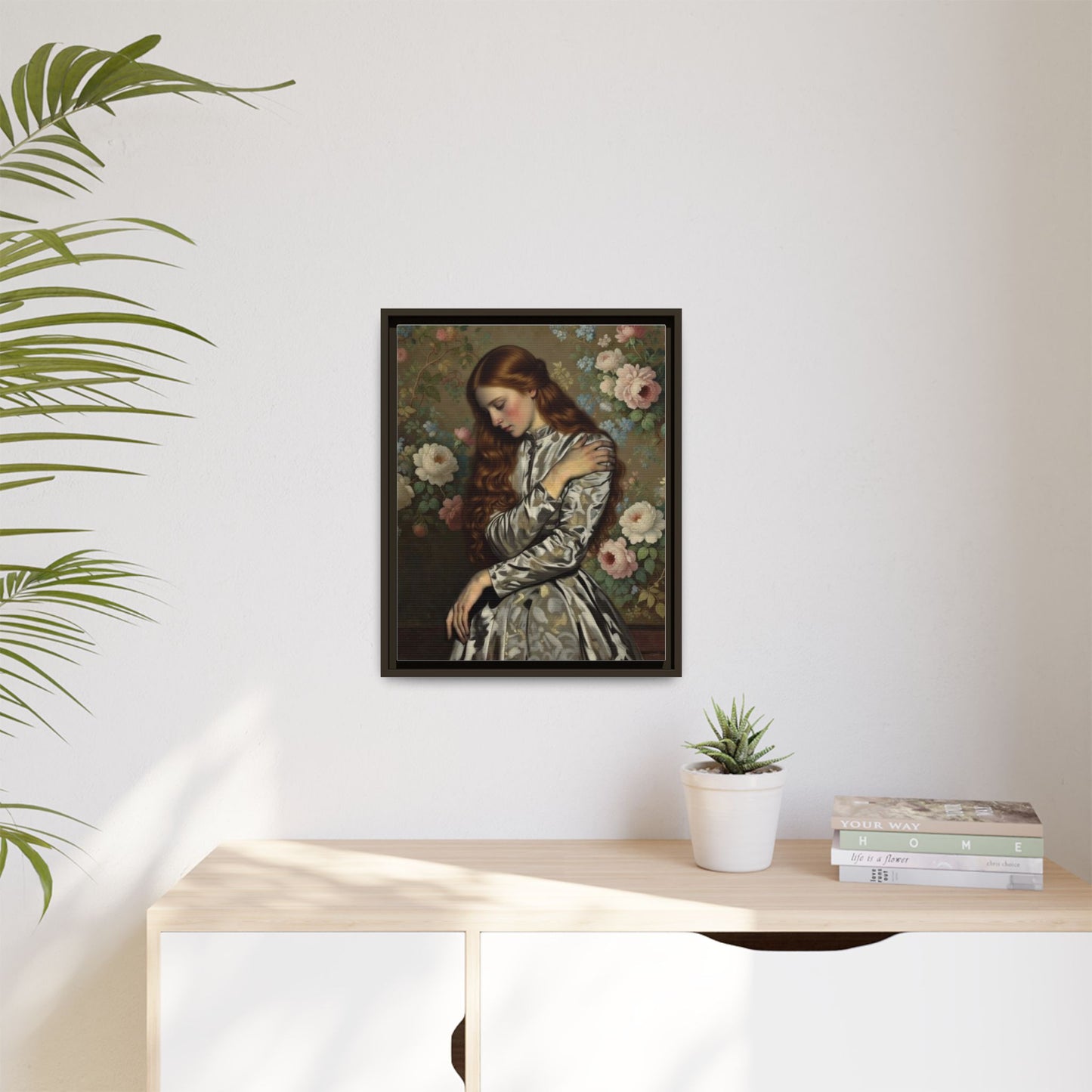 Framed Matte Canvas Art — Vintage Floral Portrait of a Young Woman