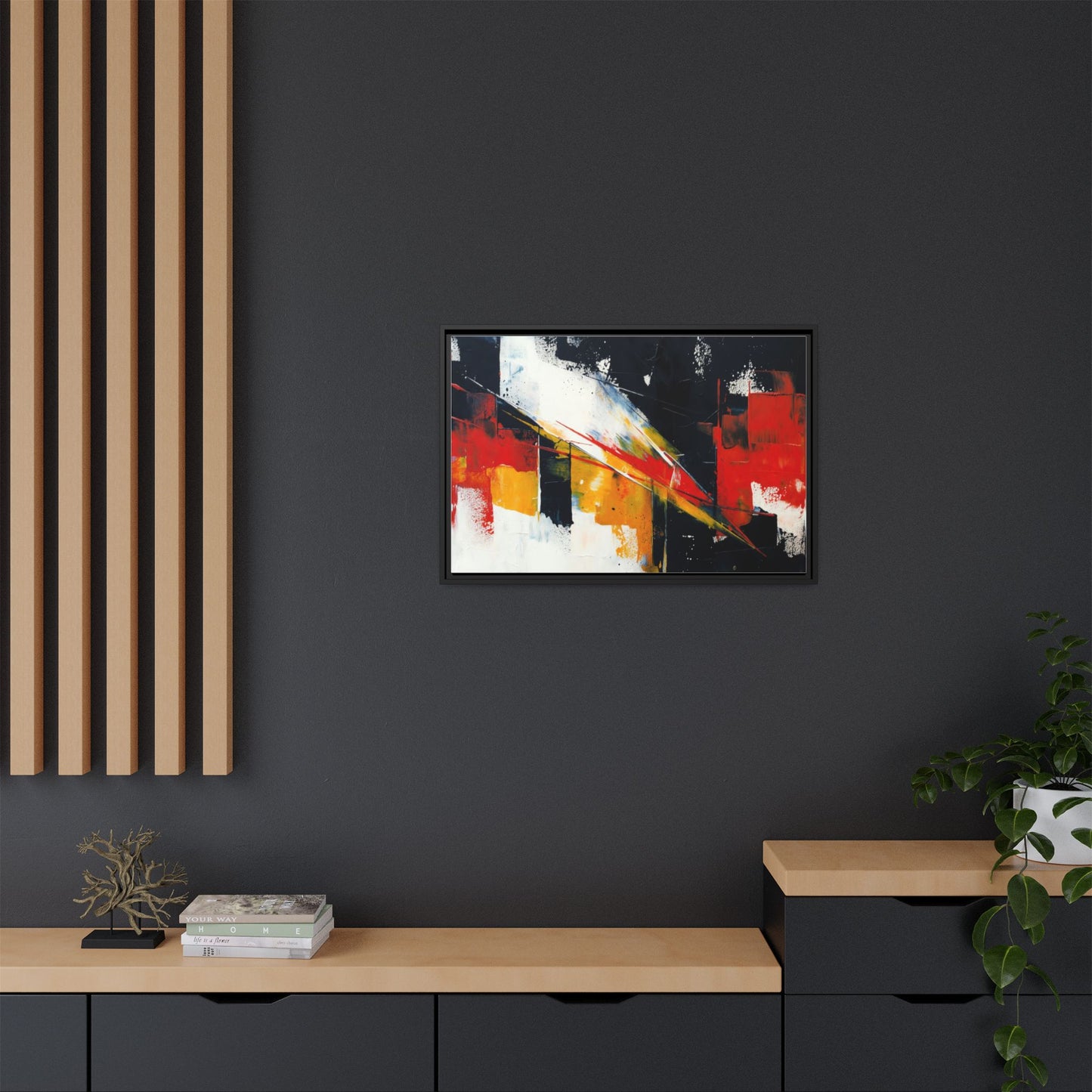 Abstract Red & Black Framed Canvas Print — Modern Geometric Wall Art