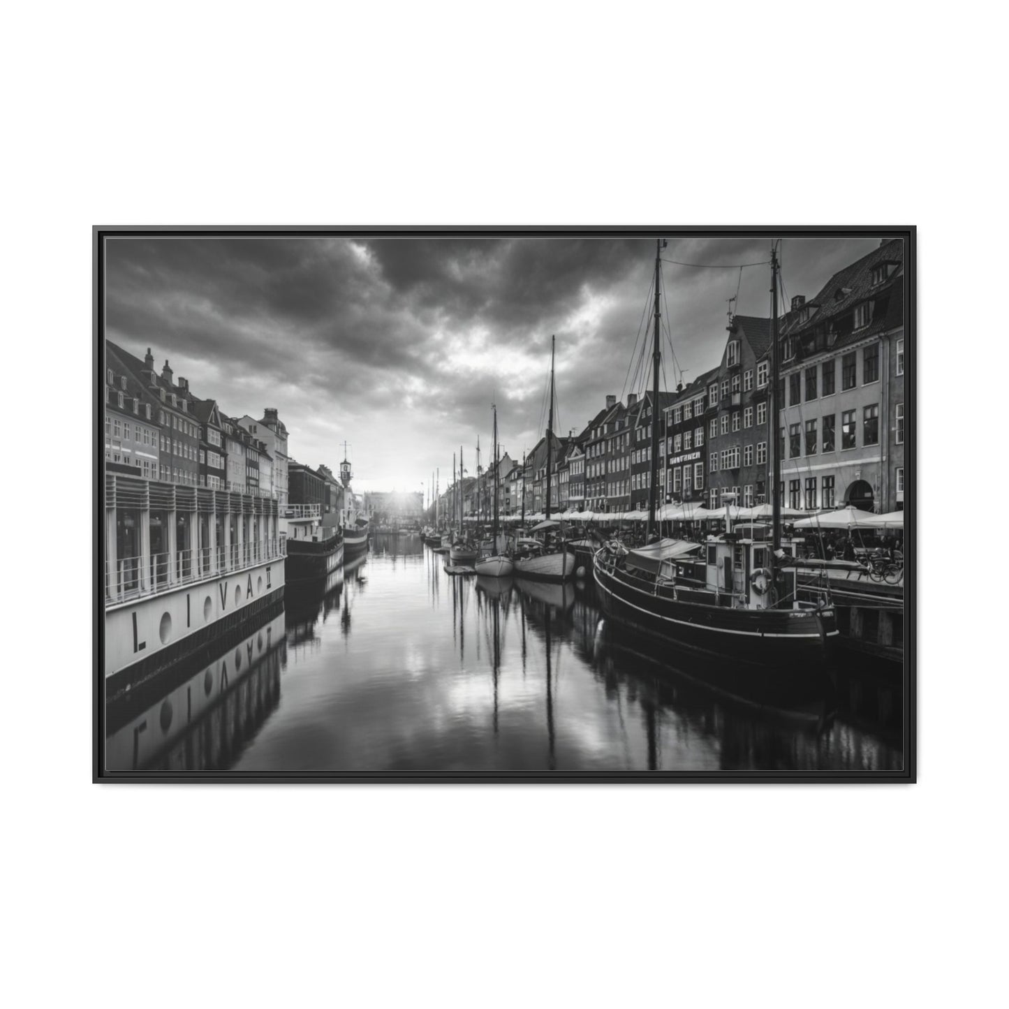 Framed Matte Canvas: Black & White Dutch Canal Photography Wall Art