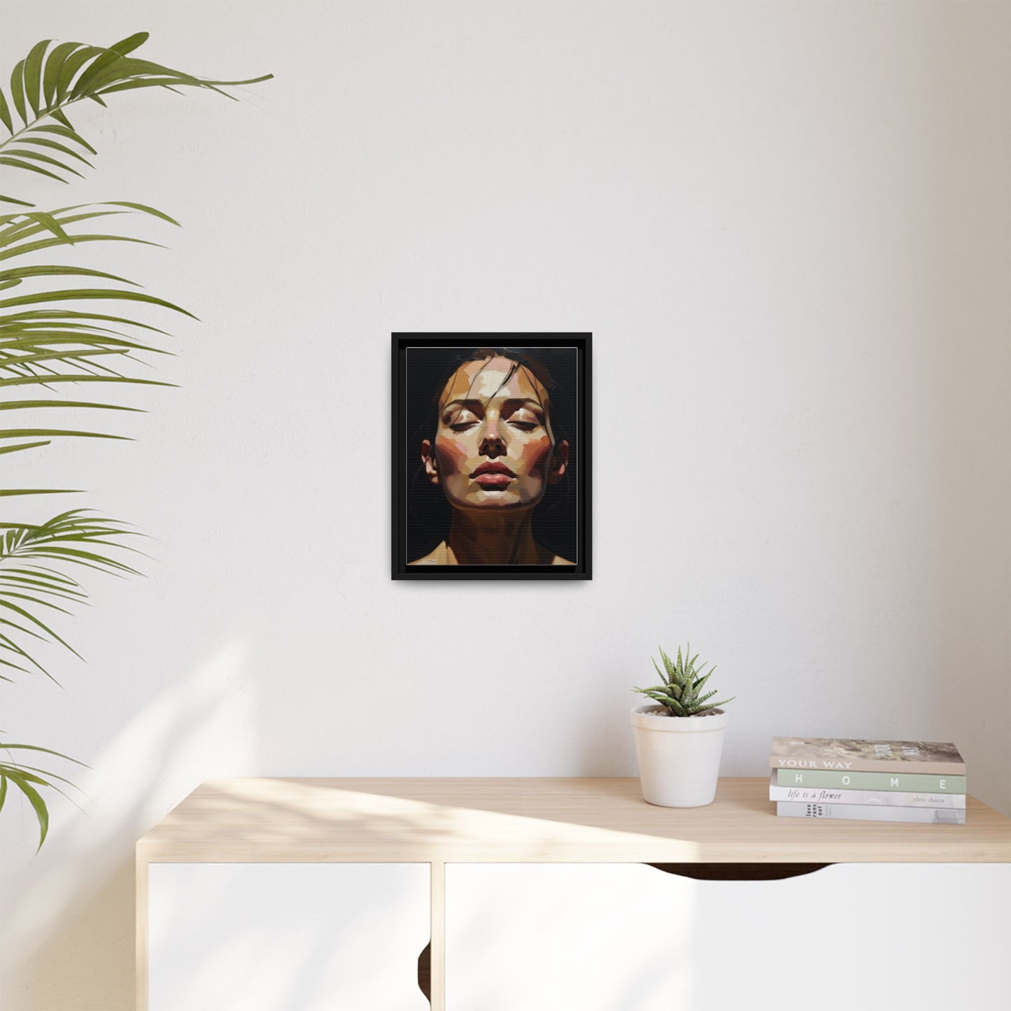 Framed Matte Canvas Portrait – Woman with Eyes Closed (Multi‑Color)