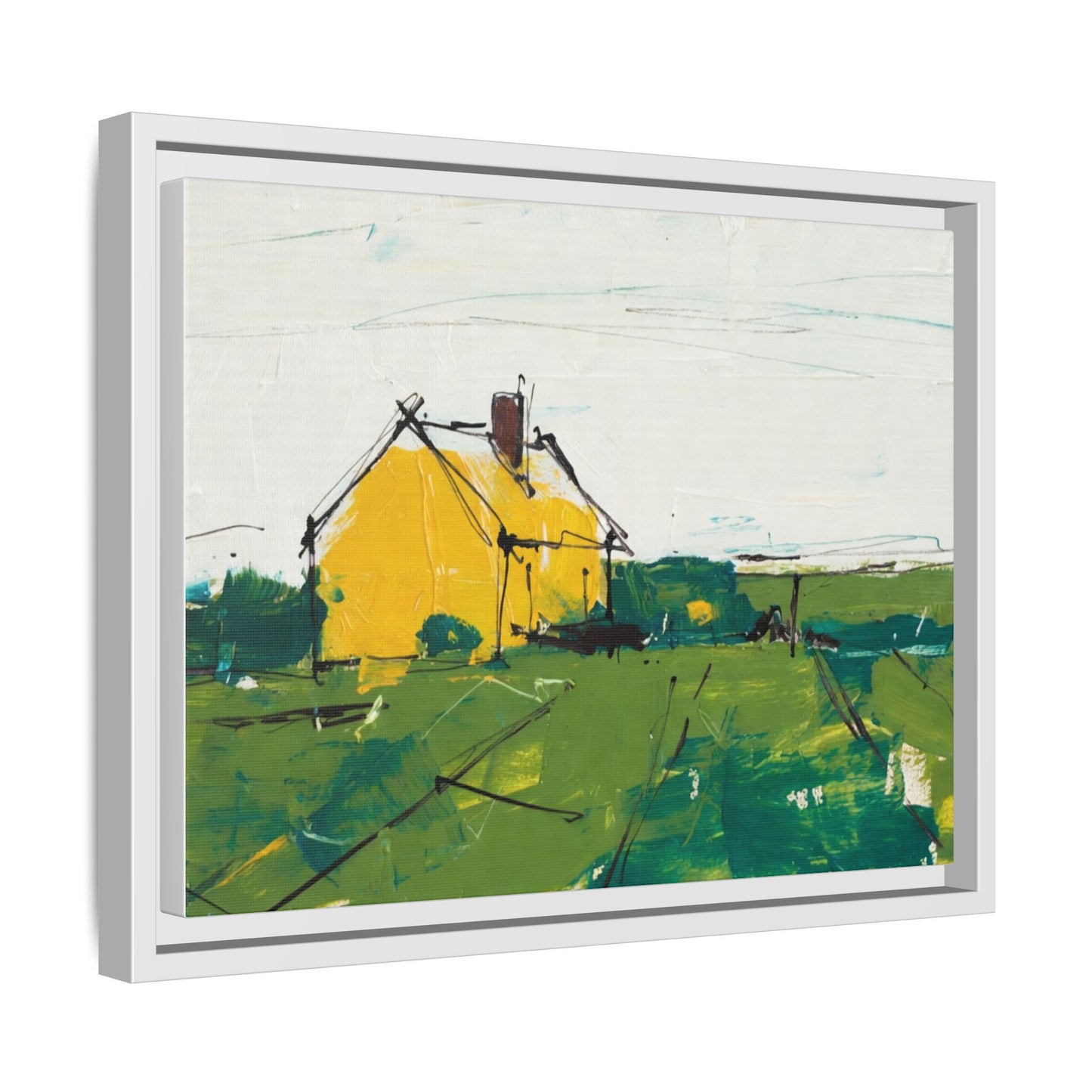 Yellow Cottage Landscape Framed Canvas Print