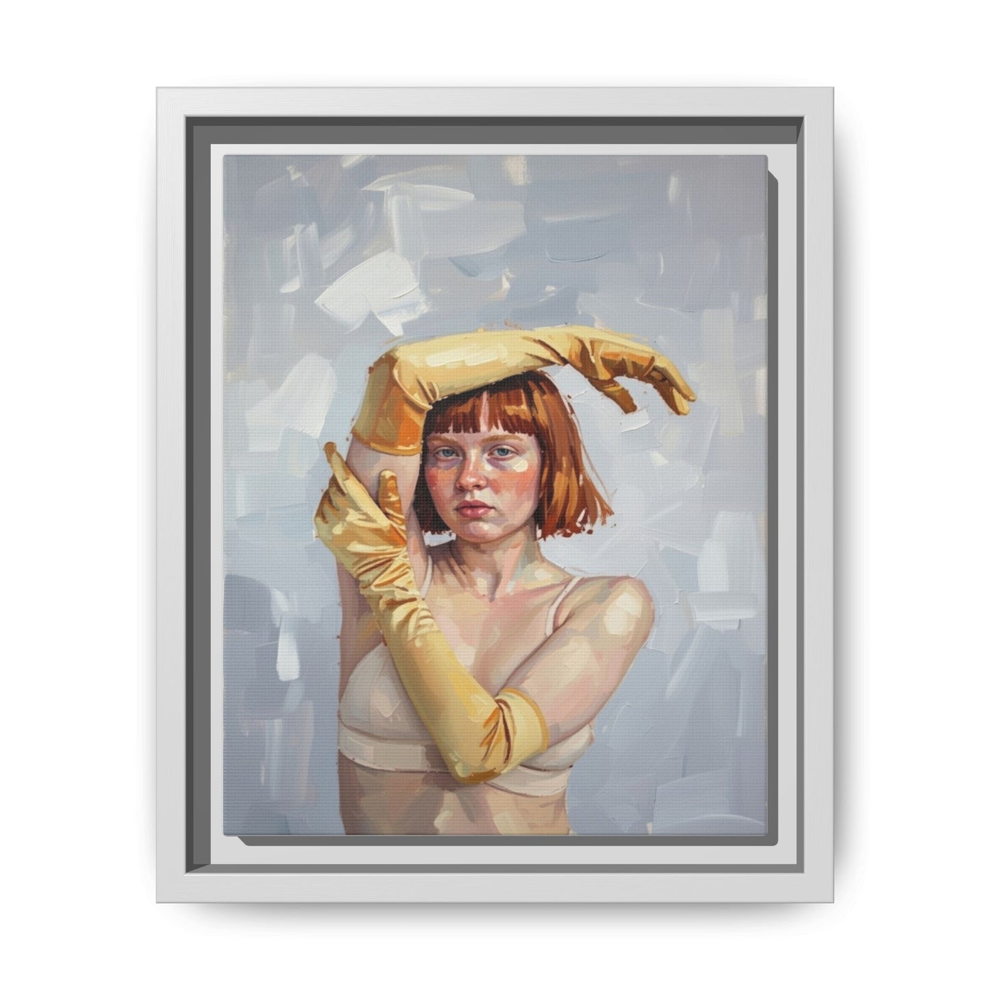 Contemporary Portrait Canvas Print — Woman with Yellow Gloves (Framed Matte)