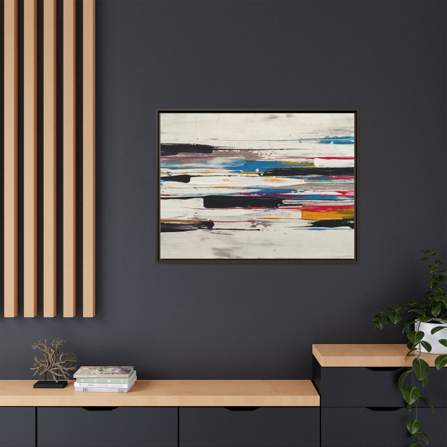 Abstract Multi-Color Framed Canvas Wall Art — Modern Horizontal Brushstroke Print