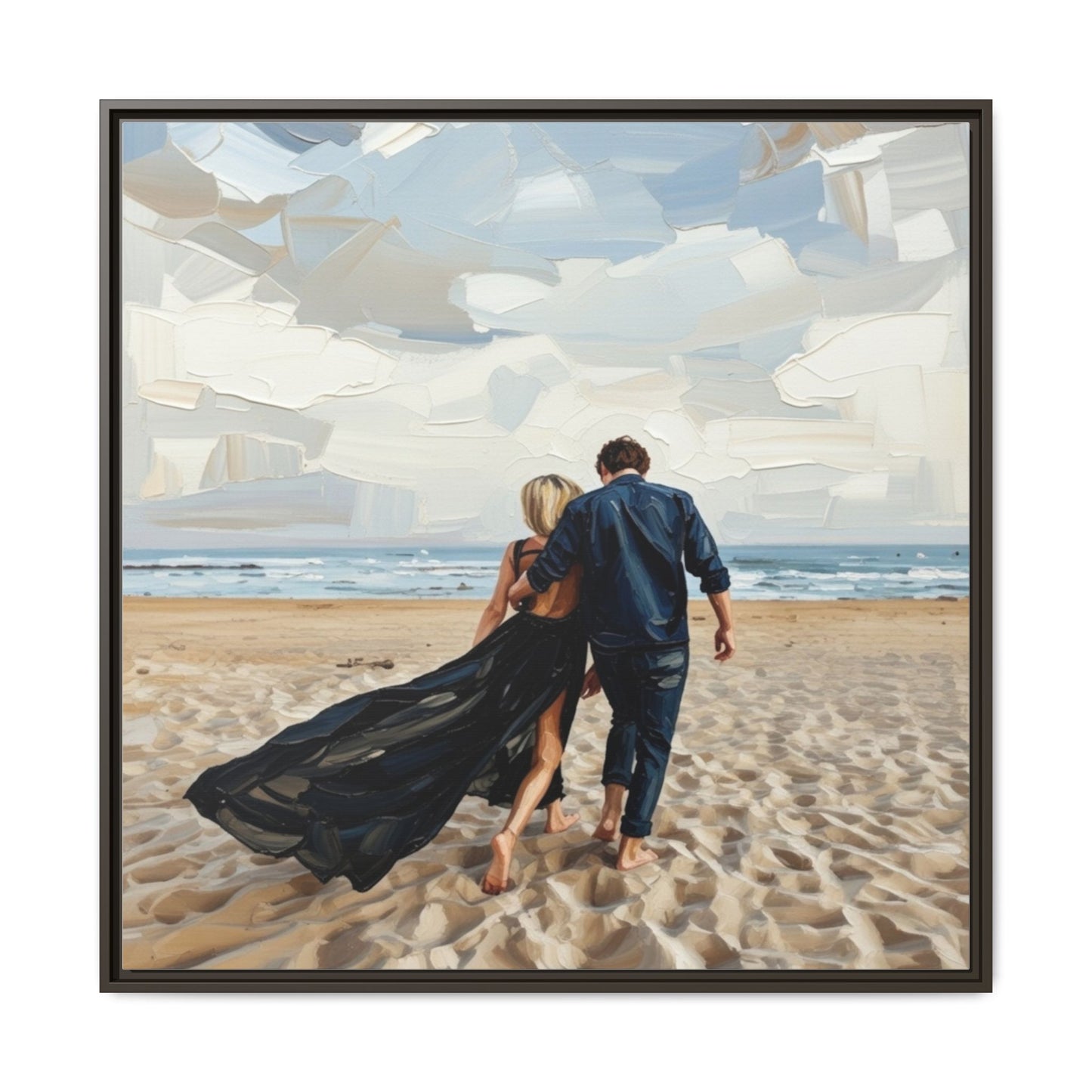 Framed Canvas Wall Art — Romantic Couple Walking on Beach Print