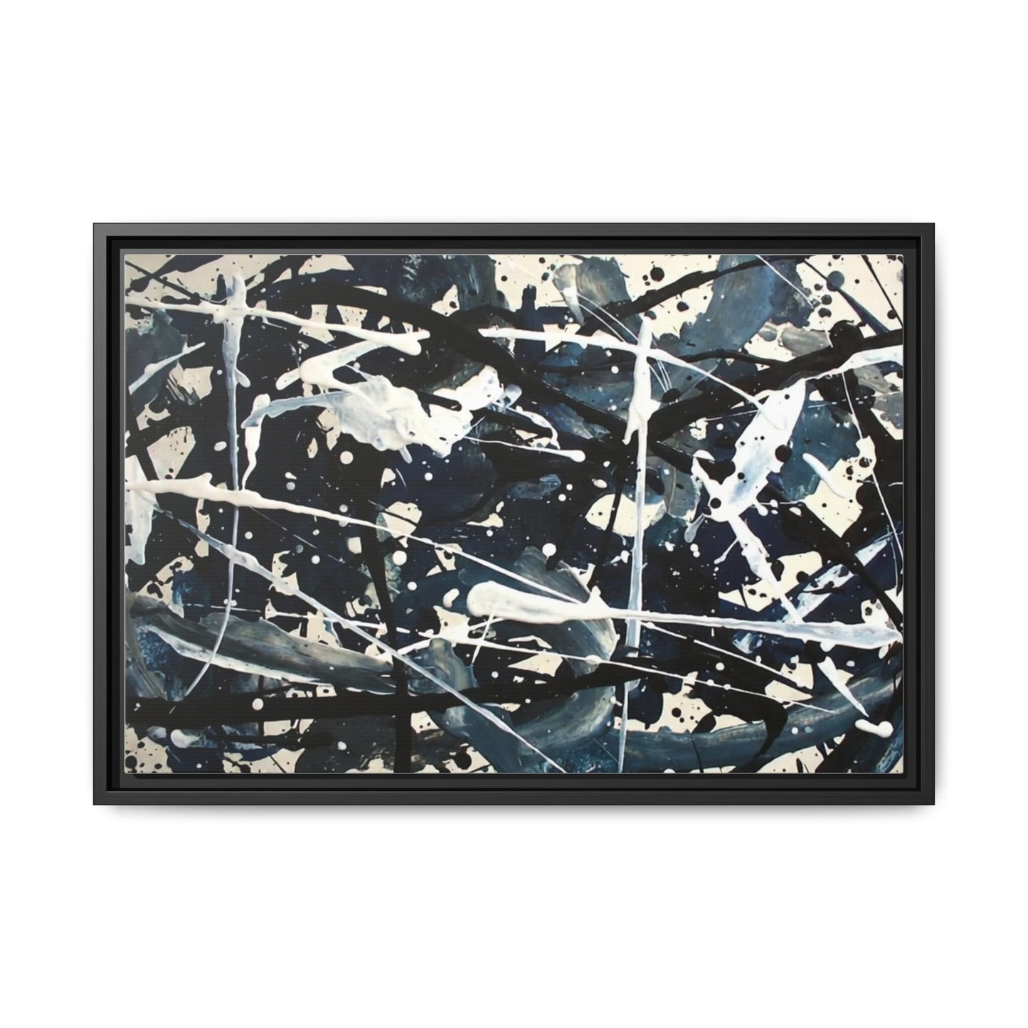 Abstract Splatter Matte Canvas Framed Wall Art — Black & Blue Modern Art Print