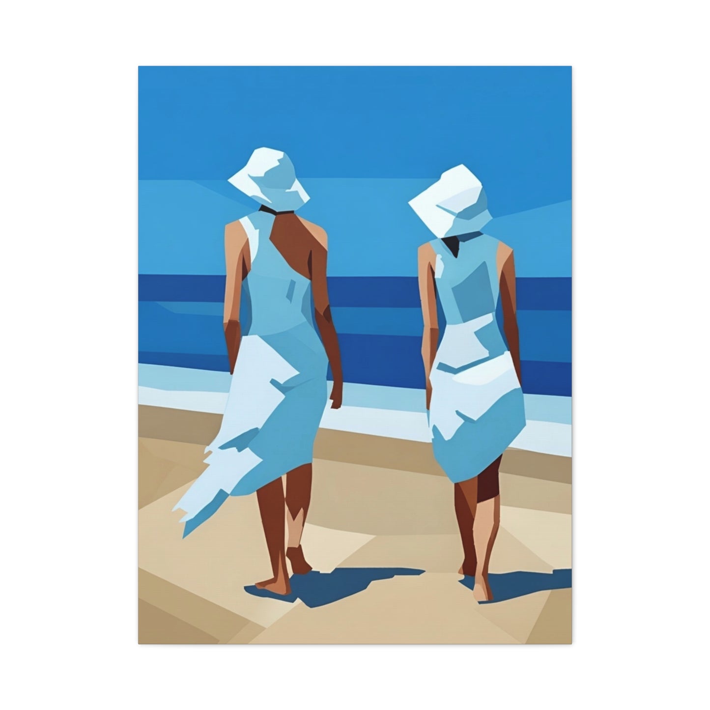Beach Stroll Canvas Print — Two Women in Blue Sun Hats Matte Stretched