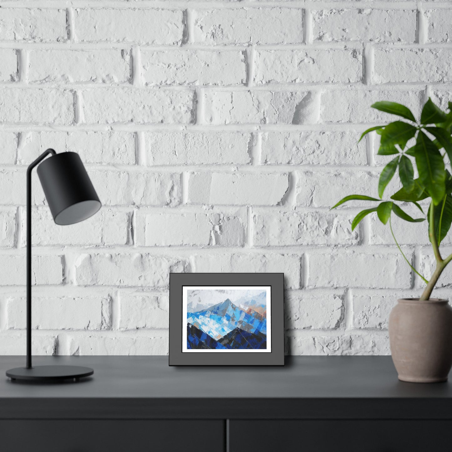 Framed Mountain Art Print — Blue Abstract Landscape Poster