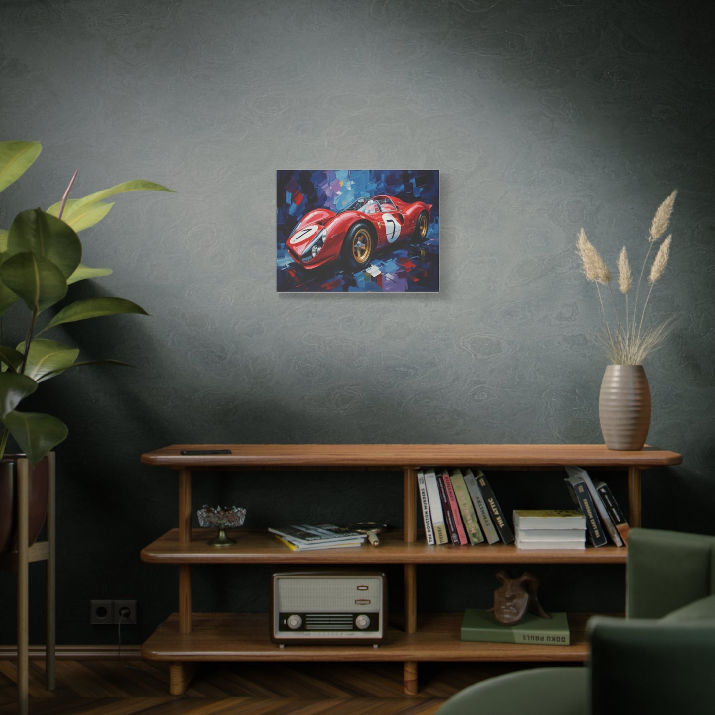 Vintage Ferrari Racing Car Canvas Print — Red Classic Sports Car Artwork (Matte Stretched)