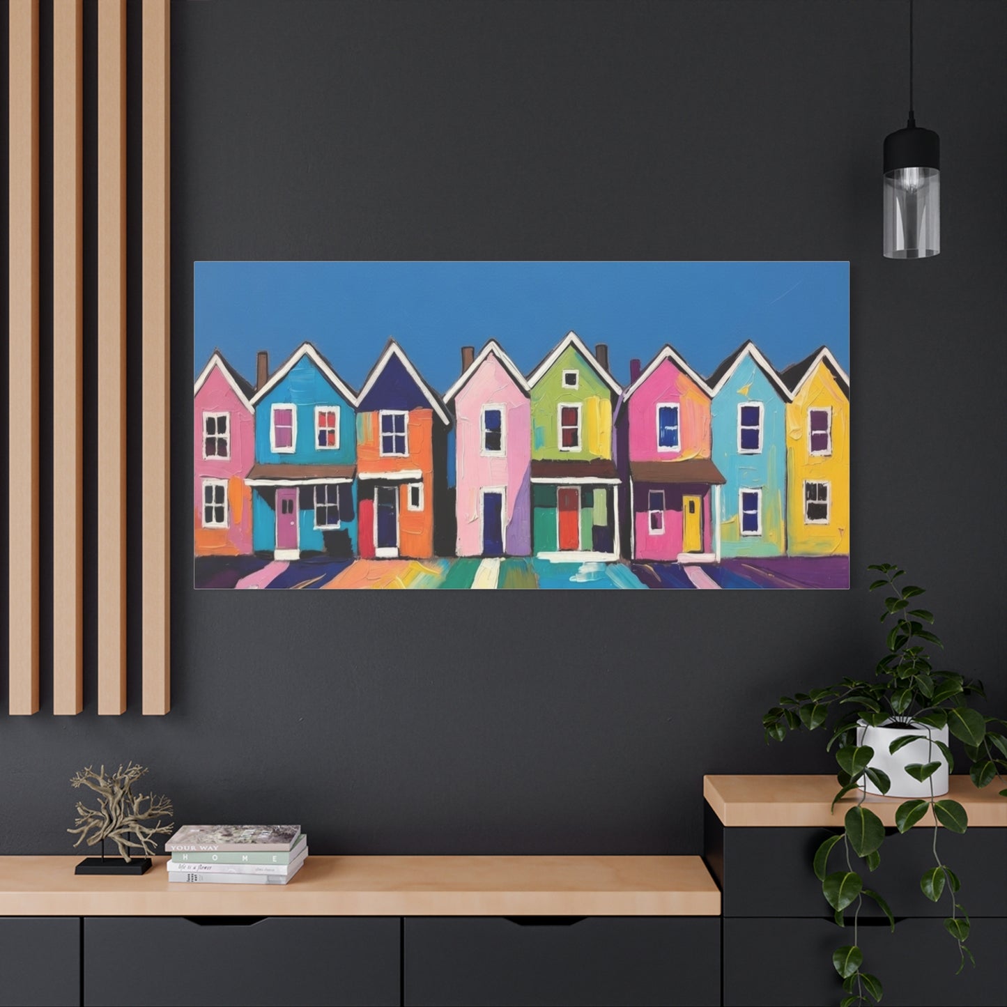 Colorful Row Houses Matte Canvas Print Vibrant Coastal Neighborhood Wall Art