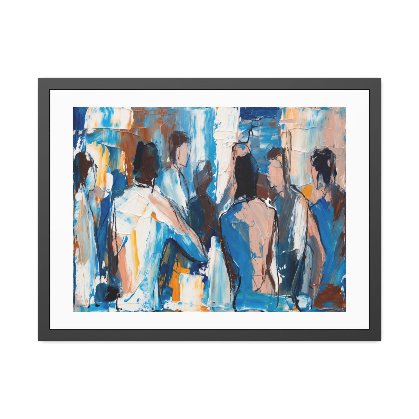 Framed Abstract Figure Art Print — Blue & Ochre Contemporary Poster