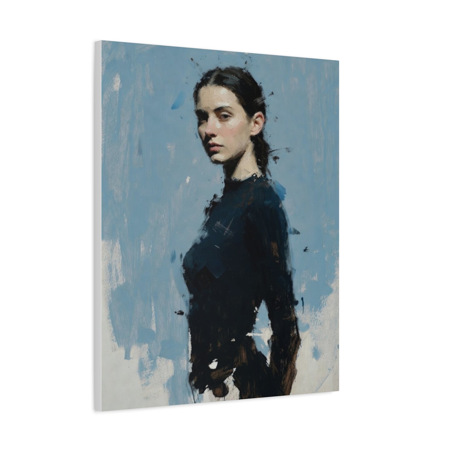 Matte Stretched Canvas Print — Portrait of a Young Woman, Moody Blue Figurative Art