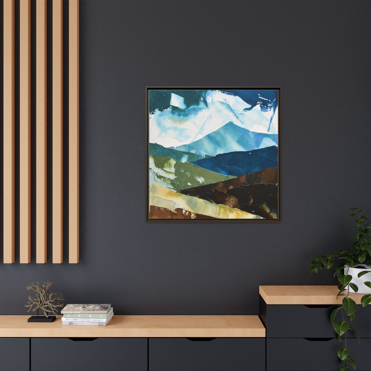 Framed Abstract Mountain Canvas Art — Blue & Earthtone Landscape Print