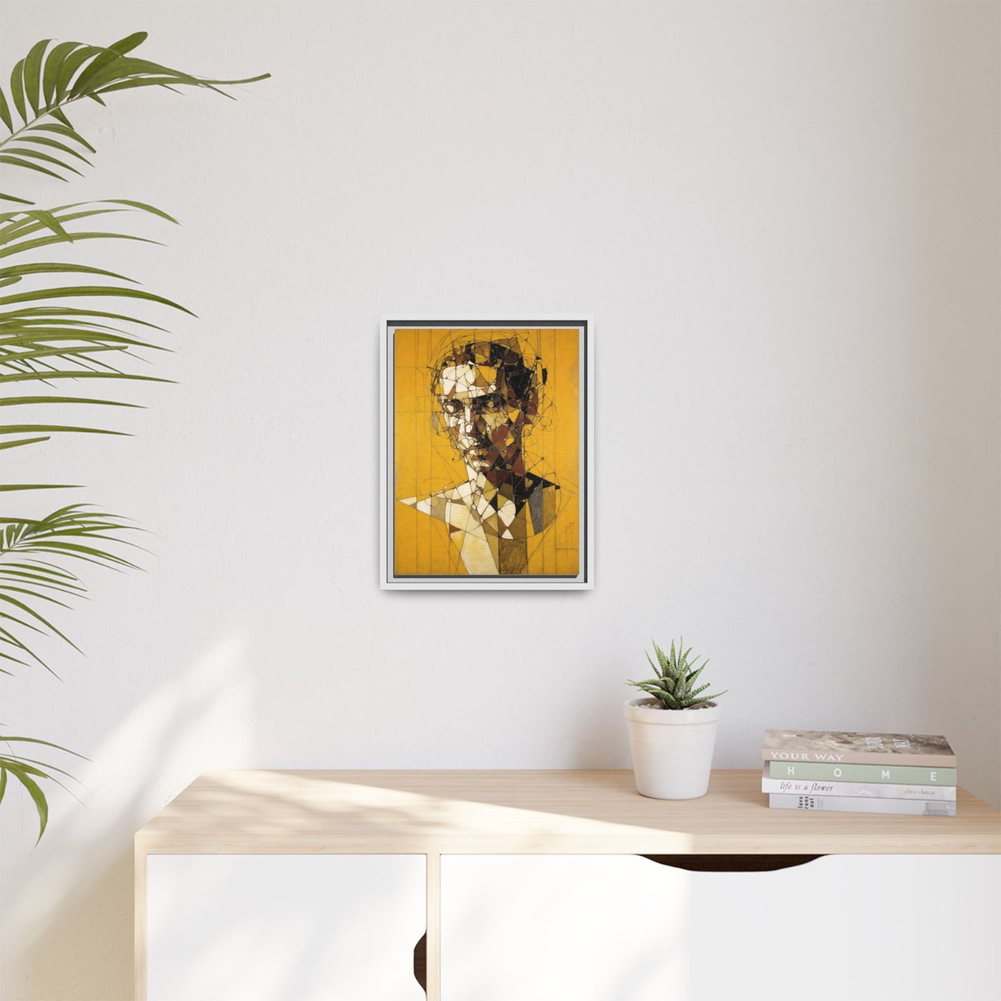 Framed Matte Canvas Art - Abstract Geometric Portrait on Mustard Yellow