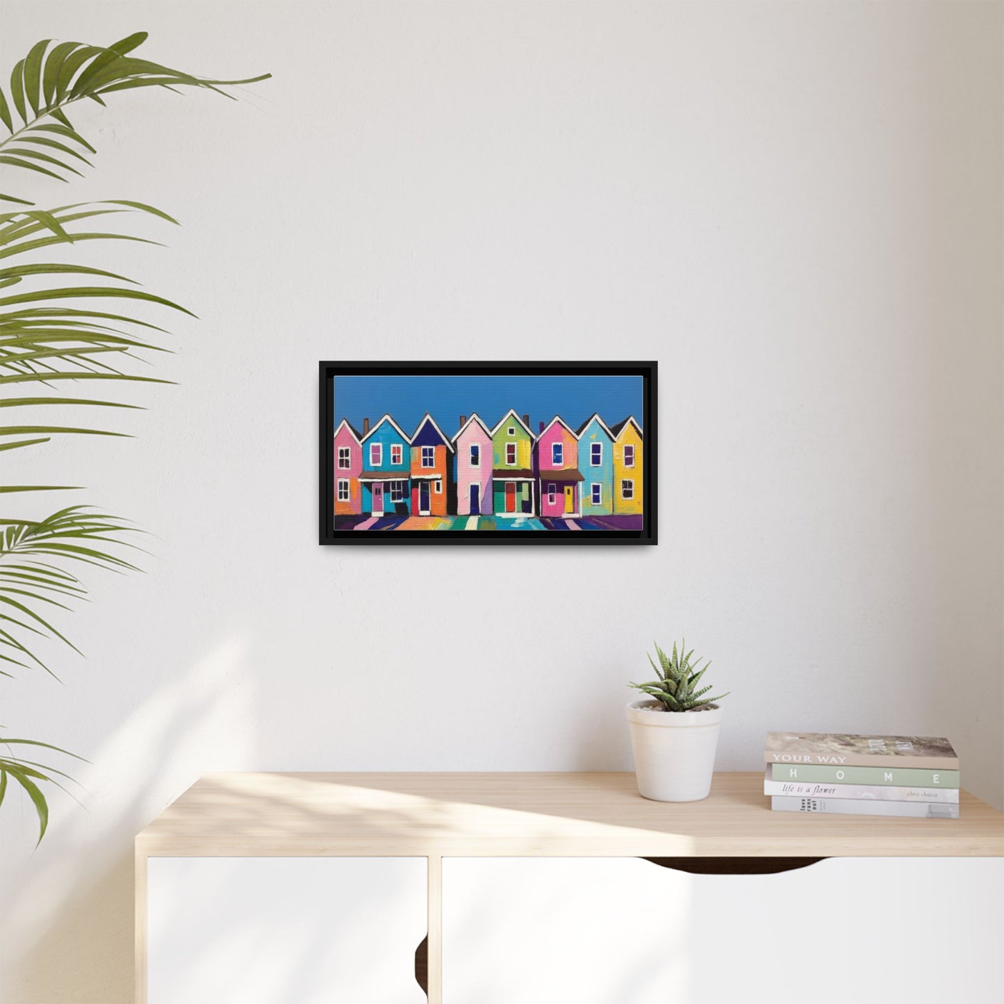 Colorful Beach Houses Matte Canvas Framed Wall Art