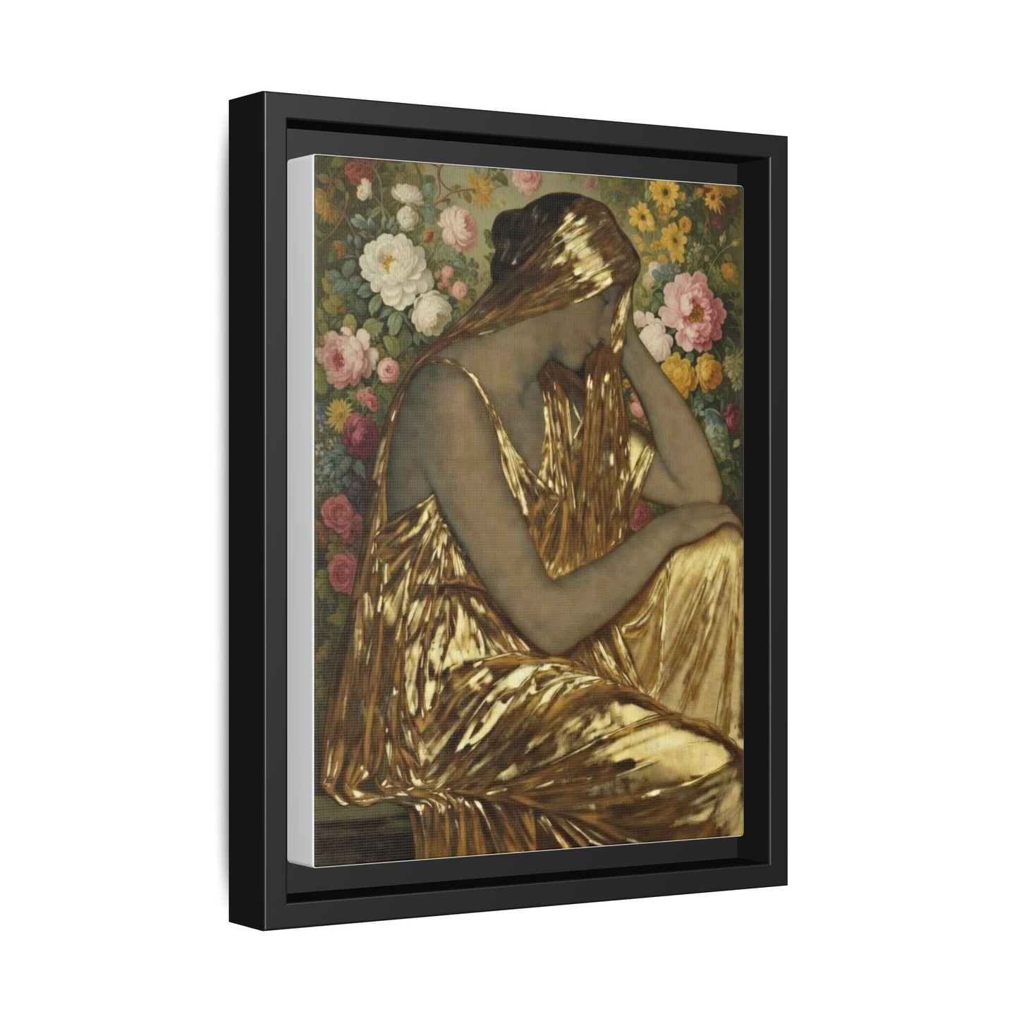 Framed Canvas Art Print — Golden Muse Woman with Floral Background