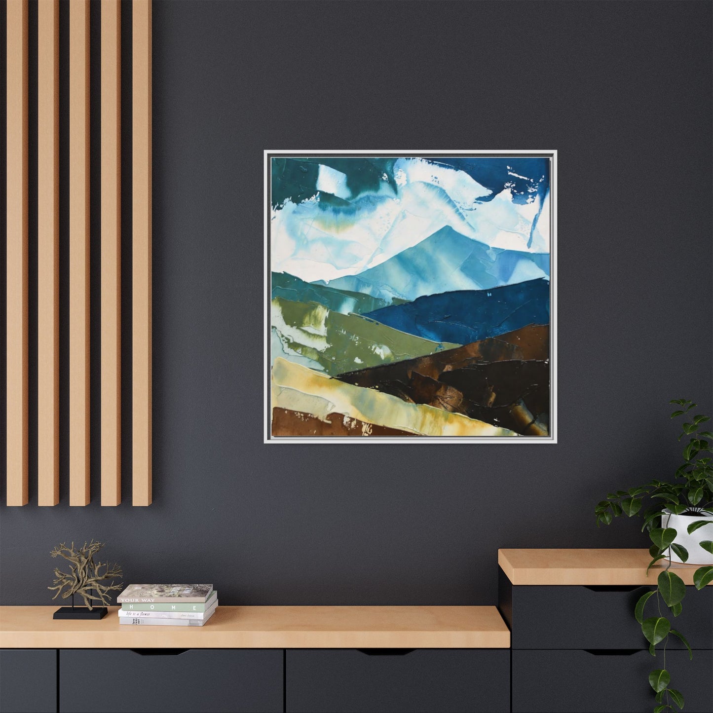 Framed Abstract Mountain Canvas Art — Blue & Earthtone Landscape Print
