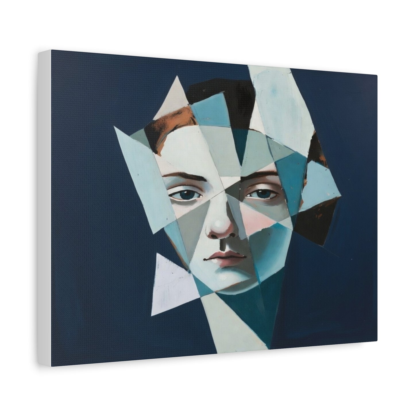Fragmented Portrait Matte Canvas Art – Blue Abstract Face Wall Decor