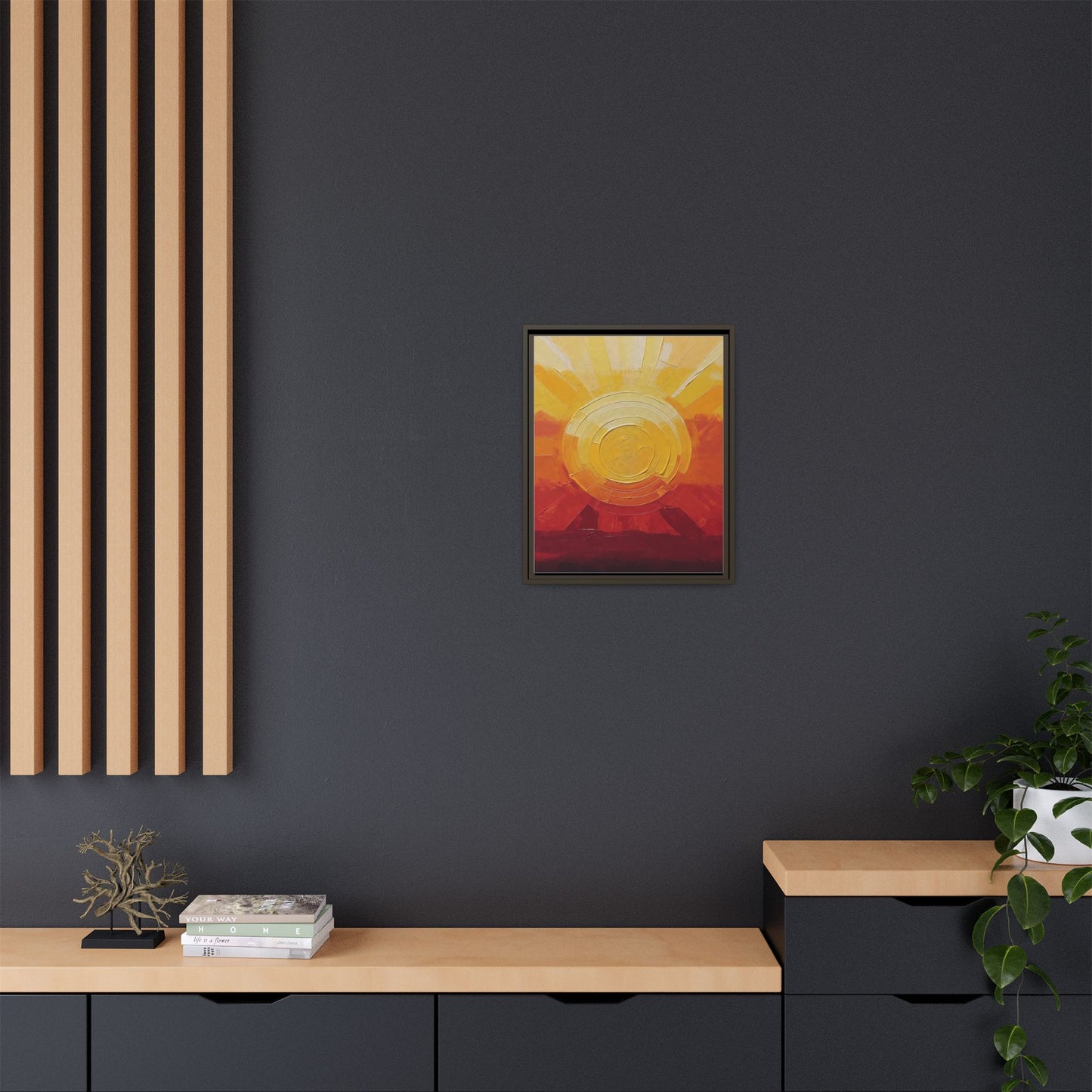 Sunburst Abstract Framed Canvas Art — Matte Multi‑Color Wall Print