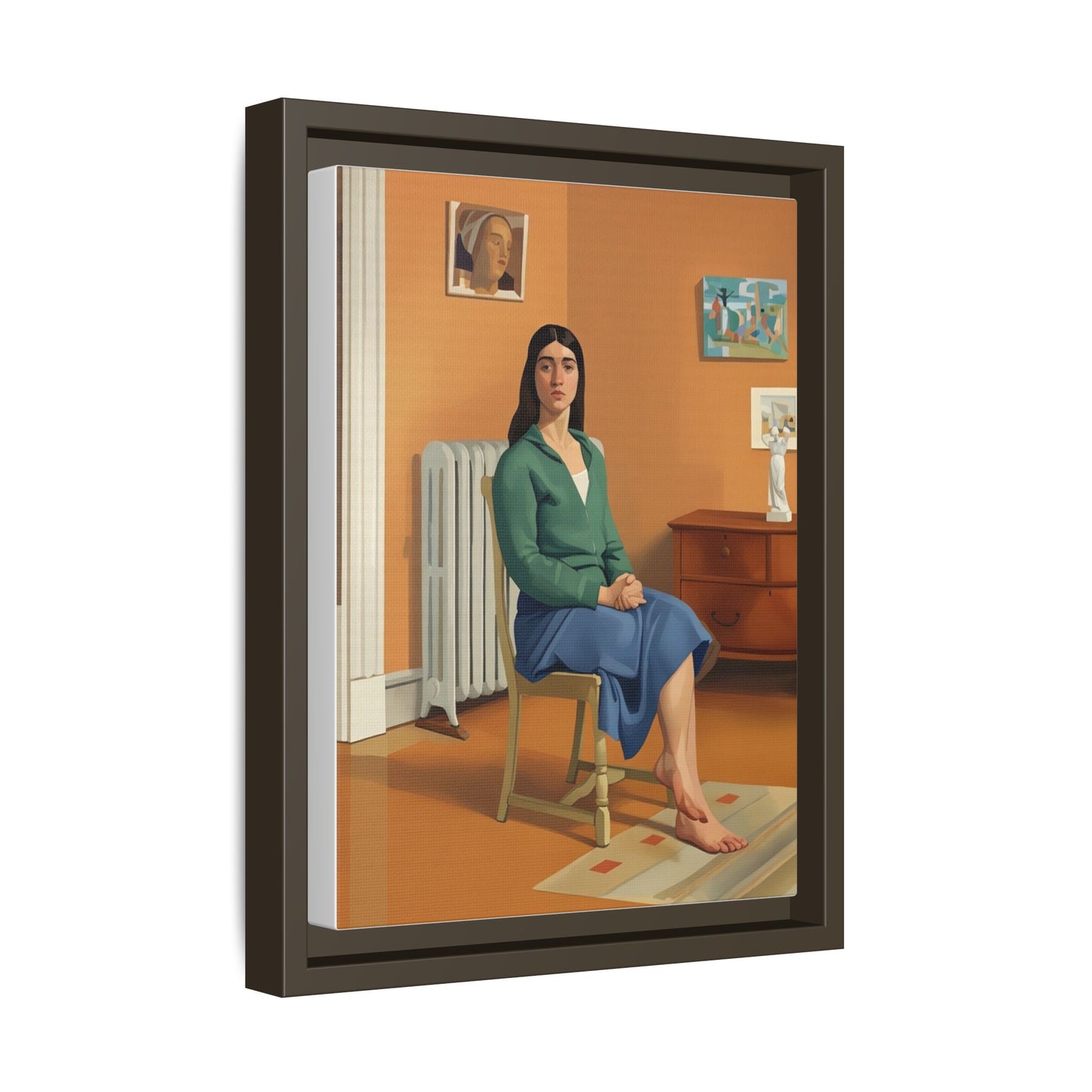 Framed Matte Canvas Print — Woman Seated in Warm Interior (Midcentury Portrait)