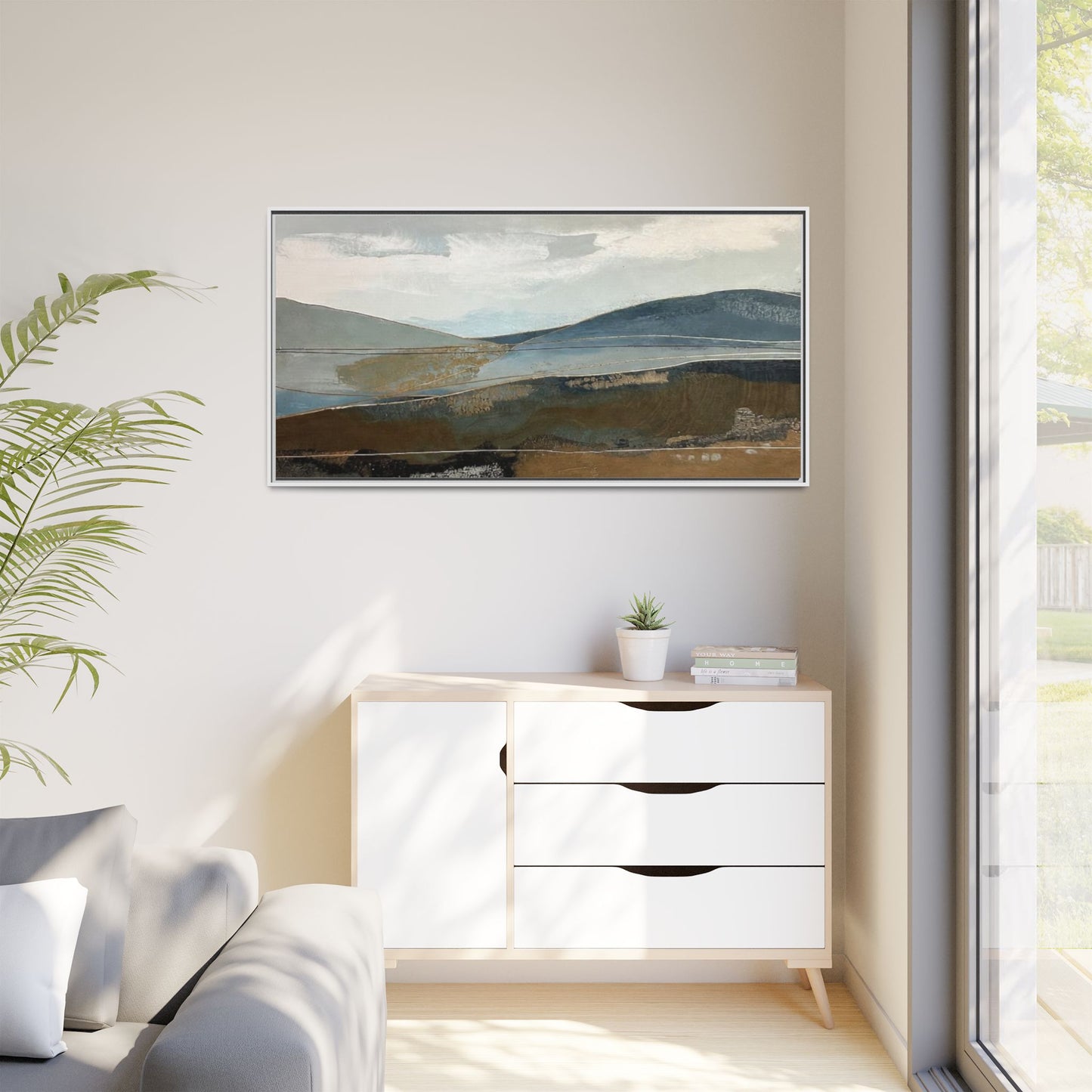 Framed Matte Canvas Landscape Art - Serene Abstract Hills in Blue & Earth Tones