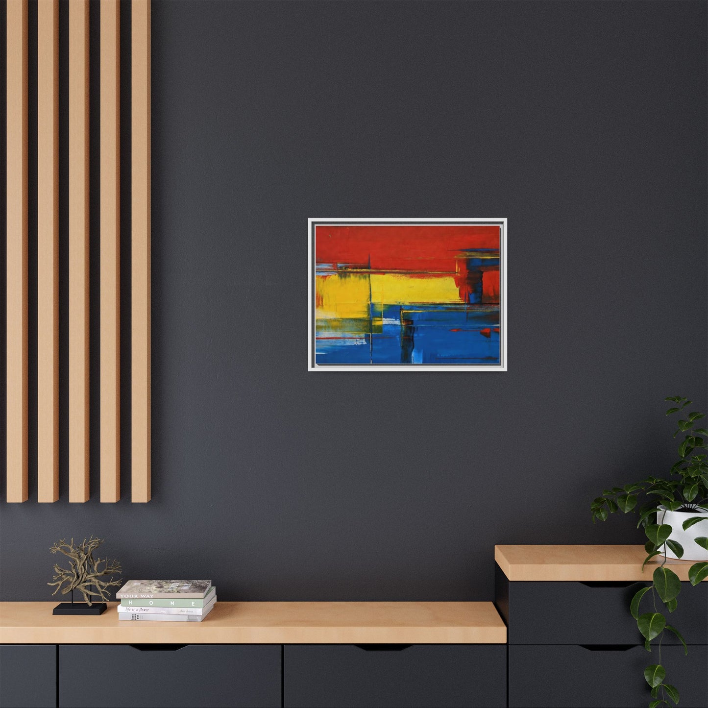 Abstract Color Block Matte Canvas Framed Wall Art — Modern Red Yellow Blue Painting