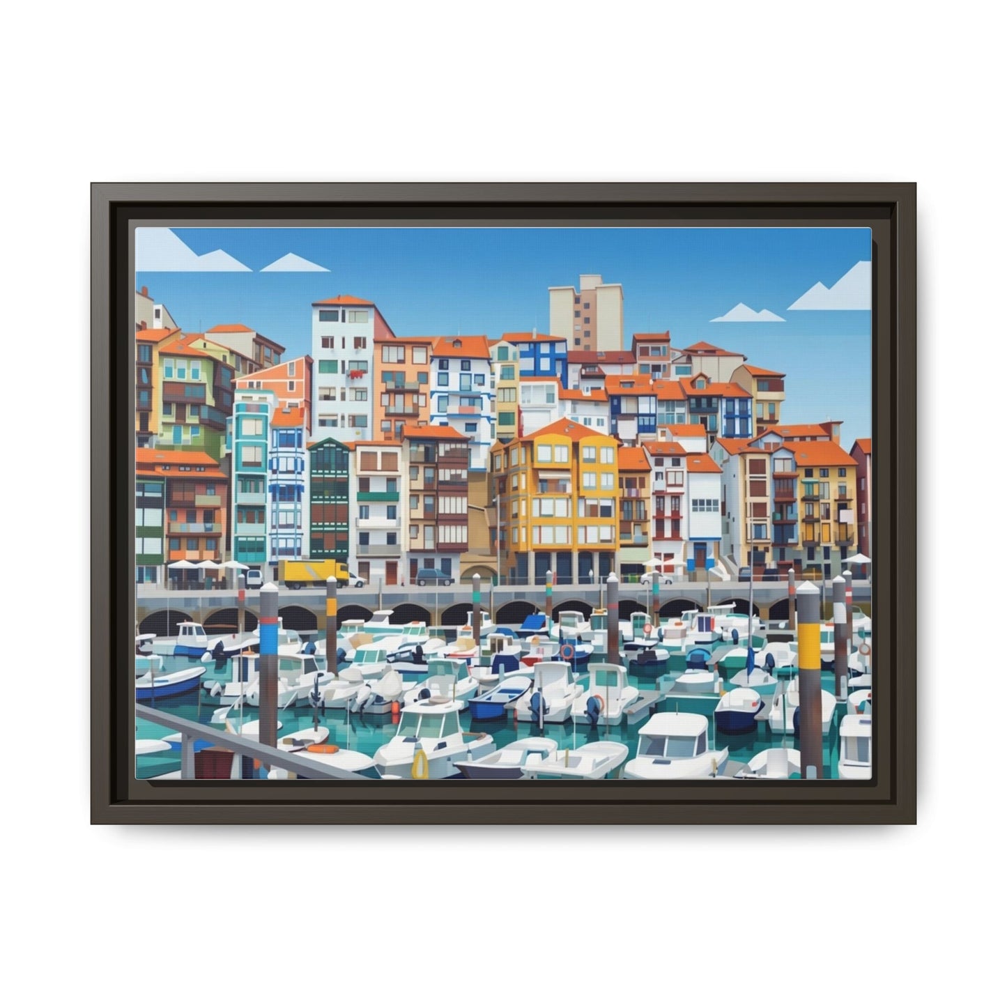 Framed Matte Canvas Print — Colorful Mediterranean Harbor Illustration