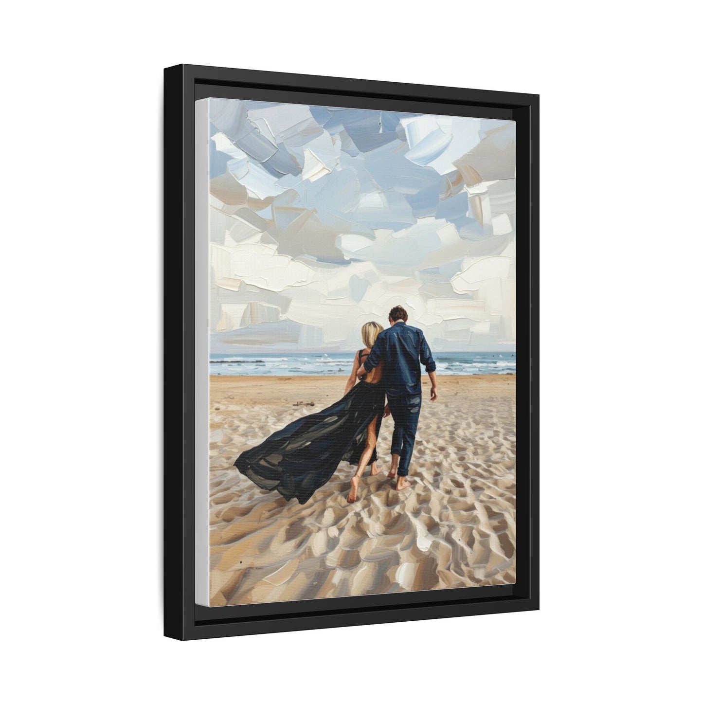 Framed Canvas Wall Art — Romantic Couple Walking on Beach Print