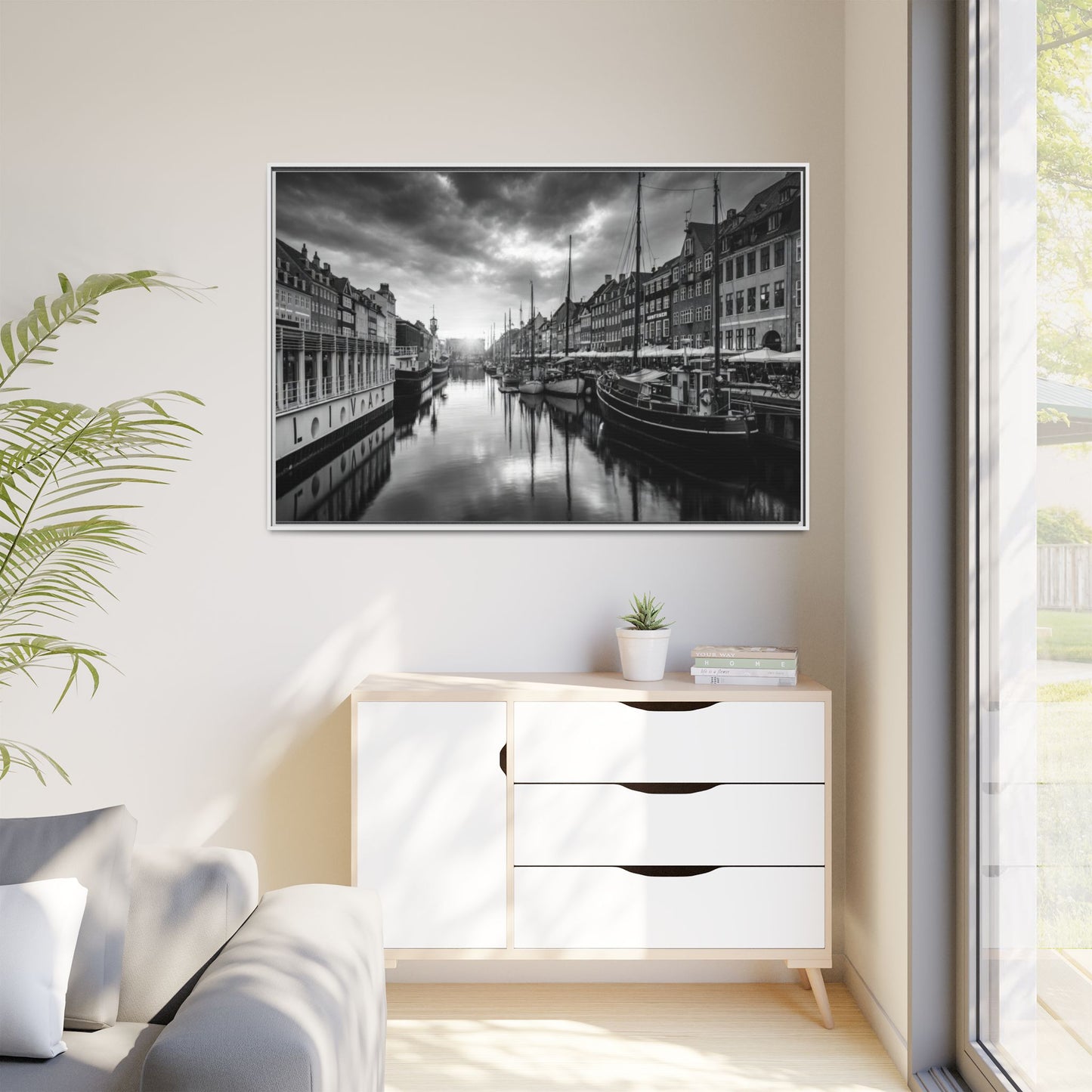 Framed Matte Canvas: Black & White Dutch Canal Photography Wall Art
