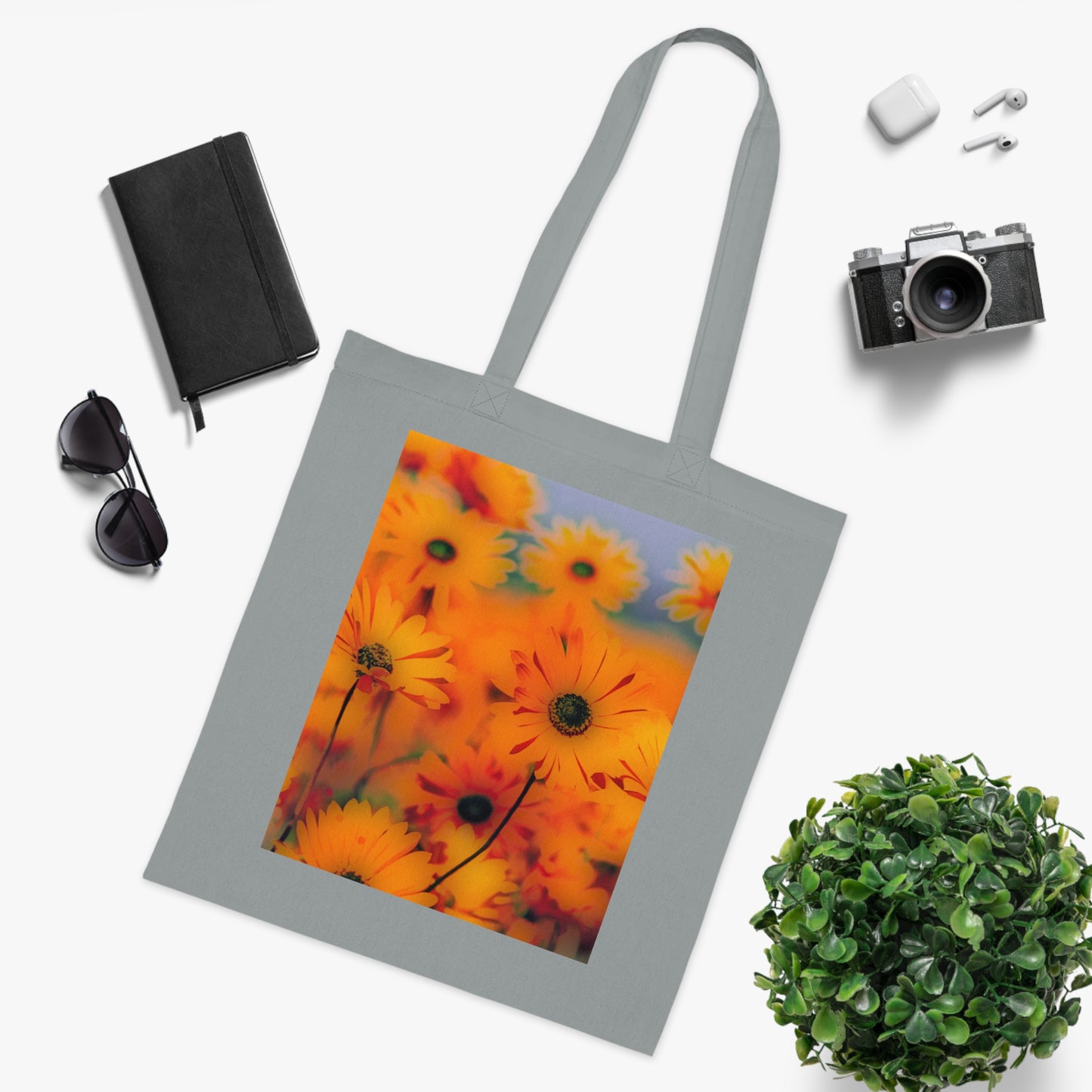 Floral Sunburst Cotton Tote — Bright Orange Daisy Print