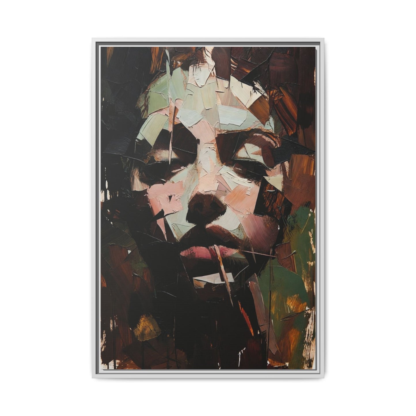 Matte Framed Canvas Art — Abstract Female Portrait, Moody Multicolor
