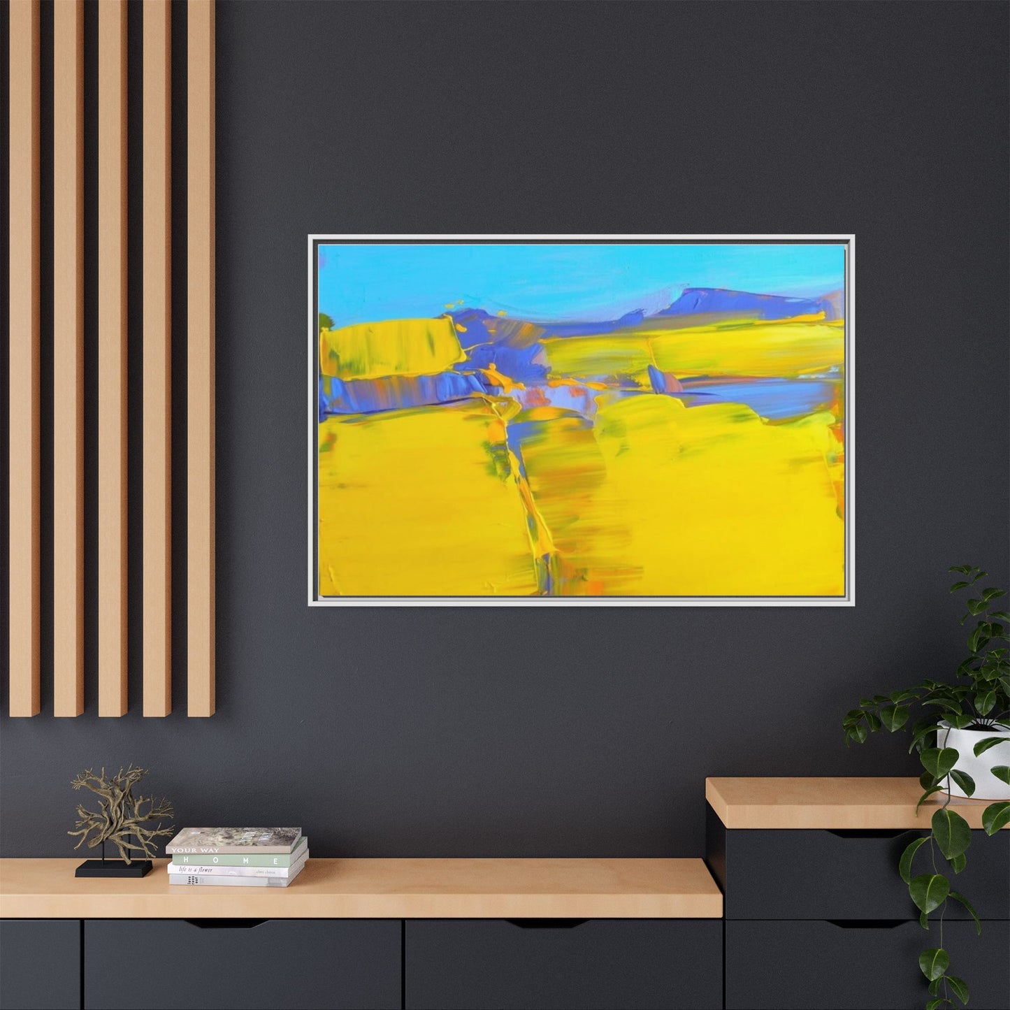 Framed Matte Canvas  Vibrant Yellow Blue Abstract Landscape Art