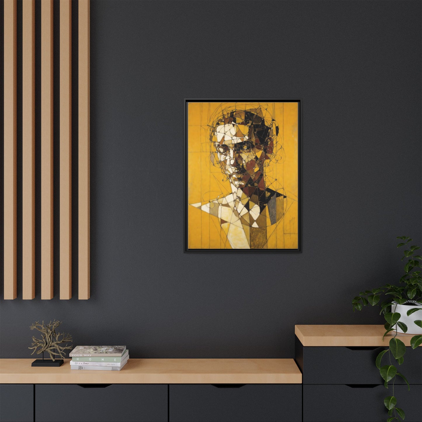 Framed Matte Canvas Art - Abstract Geometric Portrait on Mustard Yellow