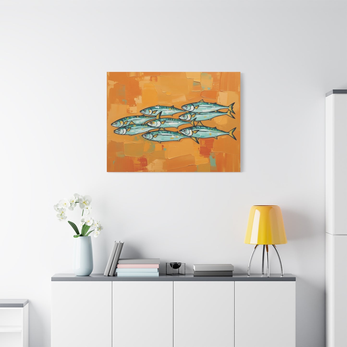 School of Mackerel Canvas Wall Art — Nautical Fish Painting on Orange Background