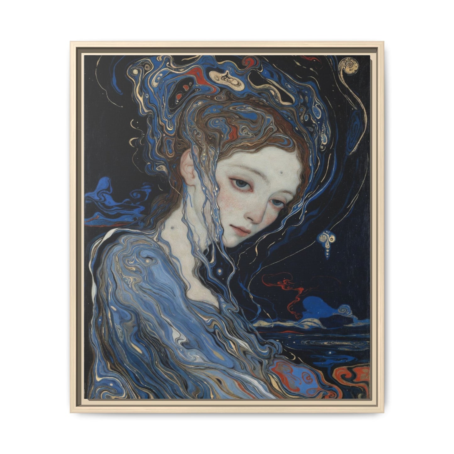 Framed Matte Canvas Art Print — Surreal Blue Maiden Portrait