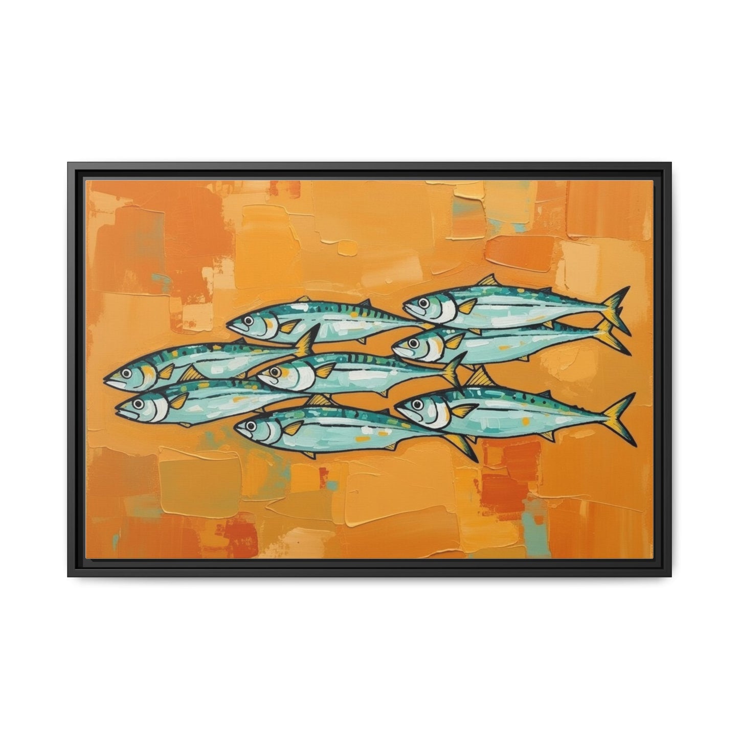 Framed Matte Canvas Print — School of Blue Fish on Orange Abstract Background