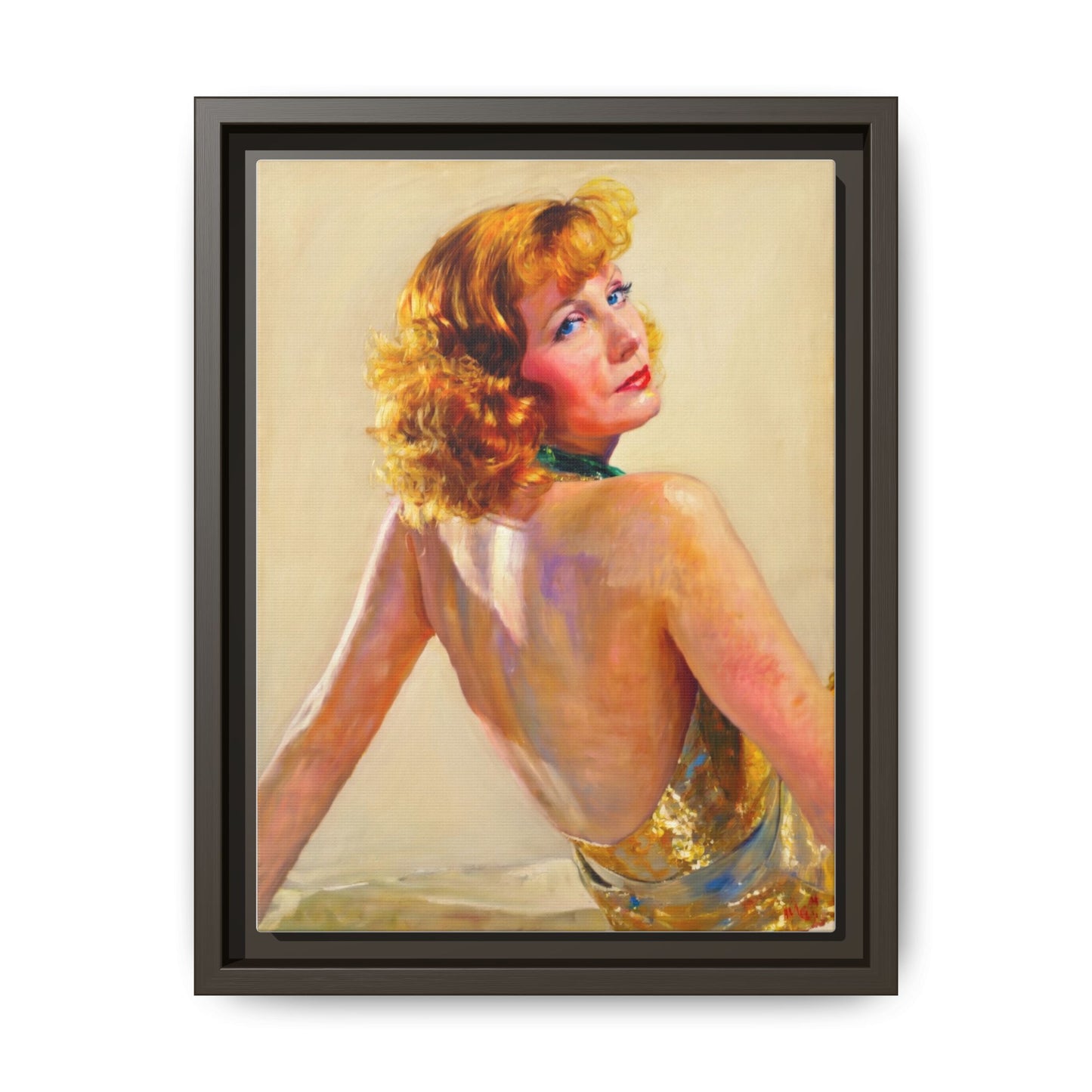 Framed Matte Canvas Print — Vintage Portrait of Redhead Greta Garbo in Gold Dress