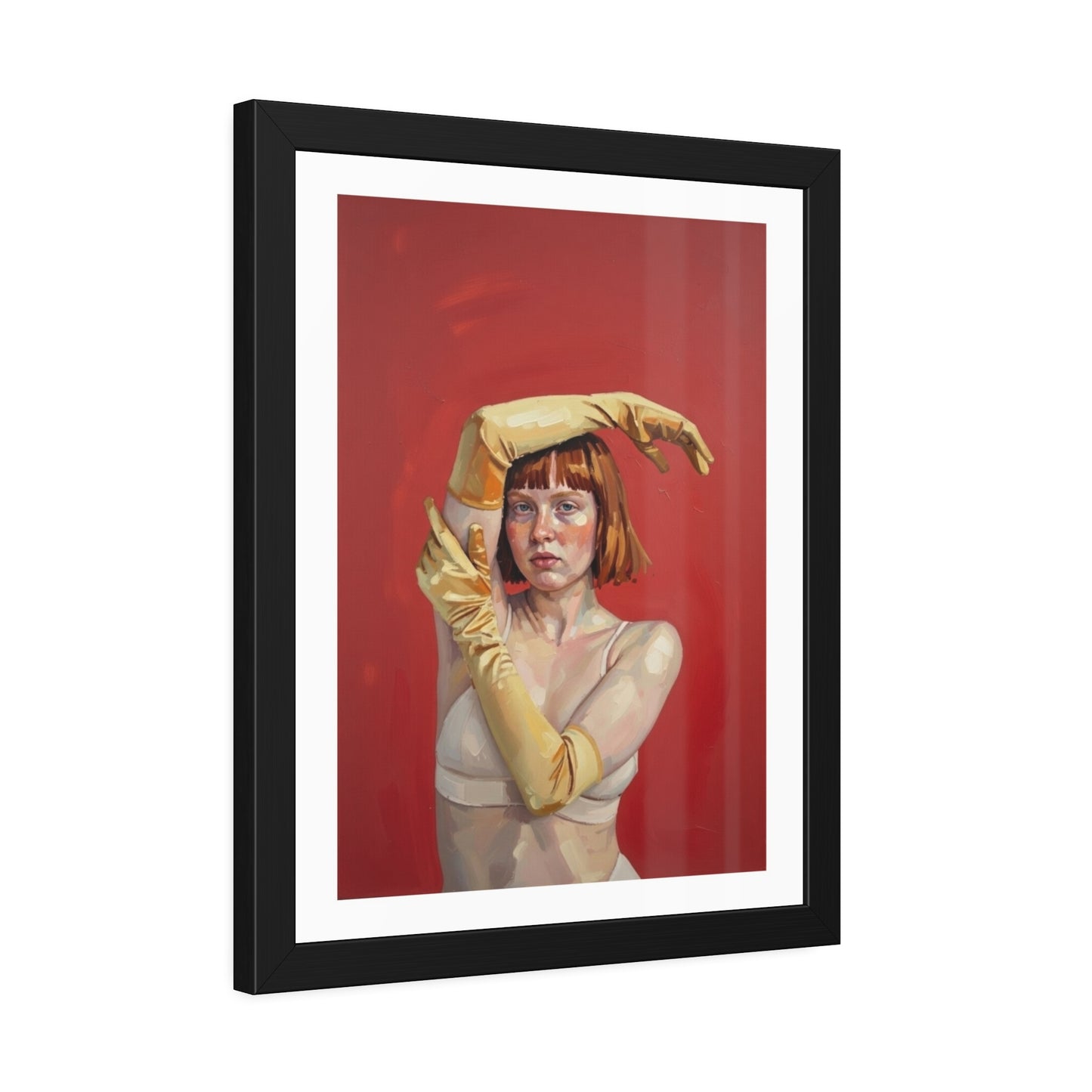 Framed Art Print — Retro Portrait with Yellow Gloves on Red Background