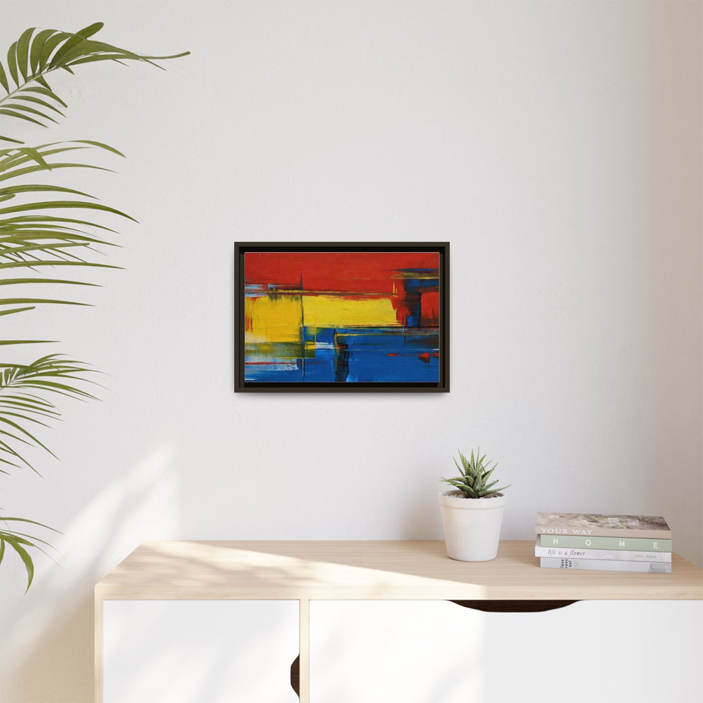 Abstract Color Block Matte Canvas Framed Wall Art — Modern Red Yellow Blue Painting
