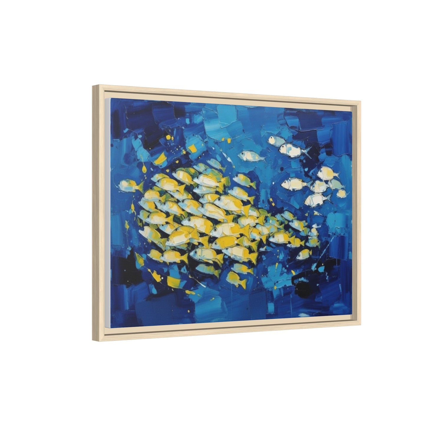 Framed Matte Canvas: Blue School of Fish Wall Art