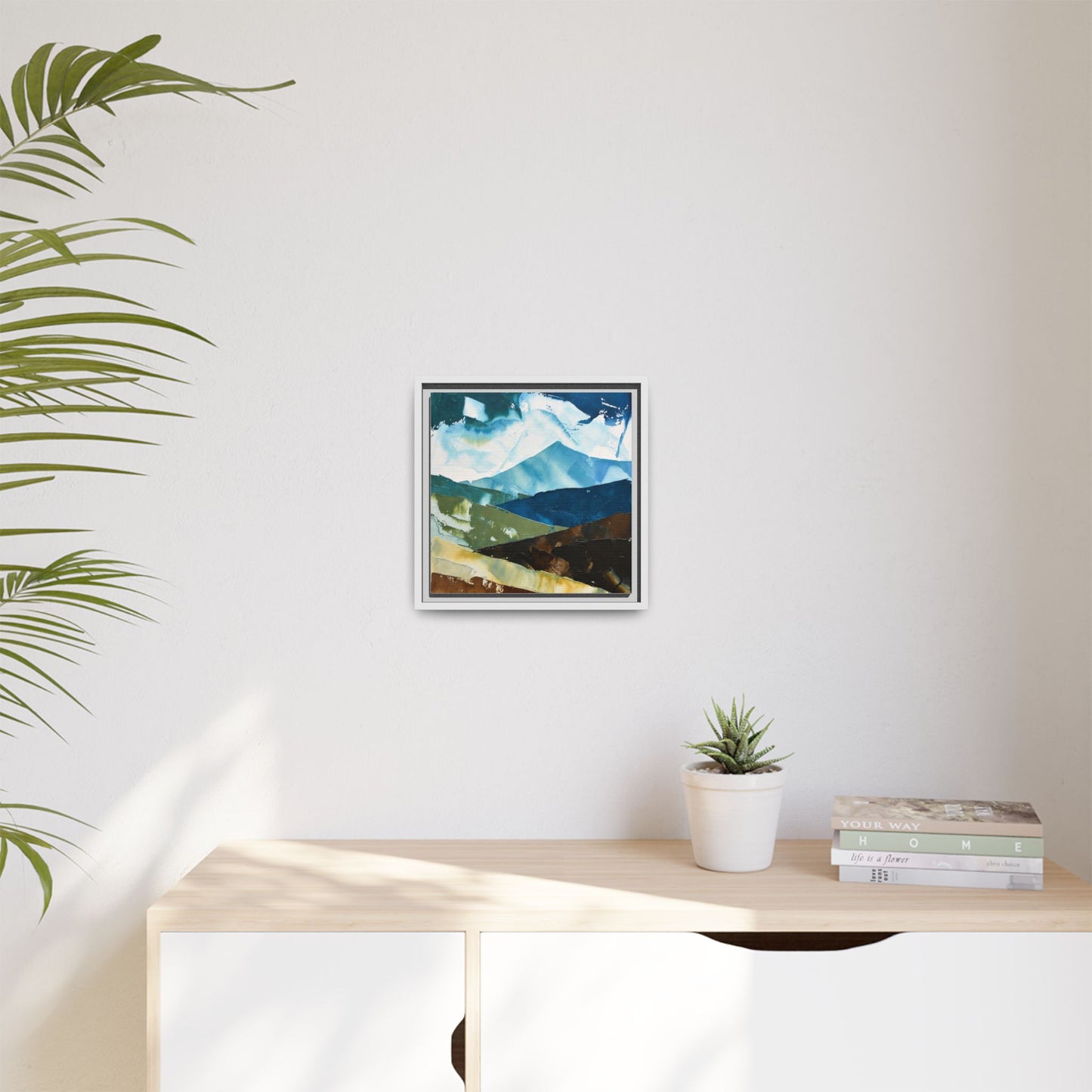 Framed Abstract Mountain Canvas Art — Blue & Earthtone Landscape Print