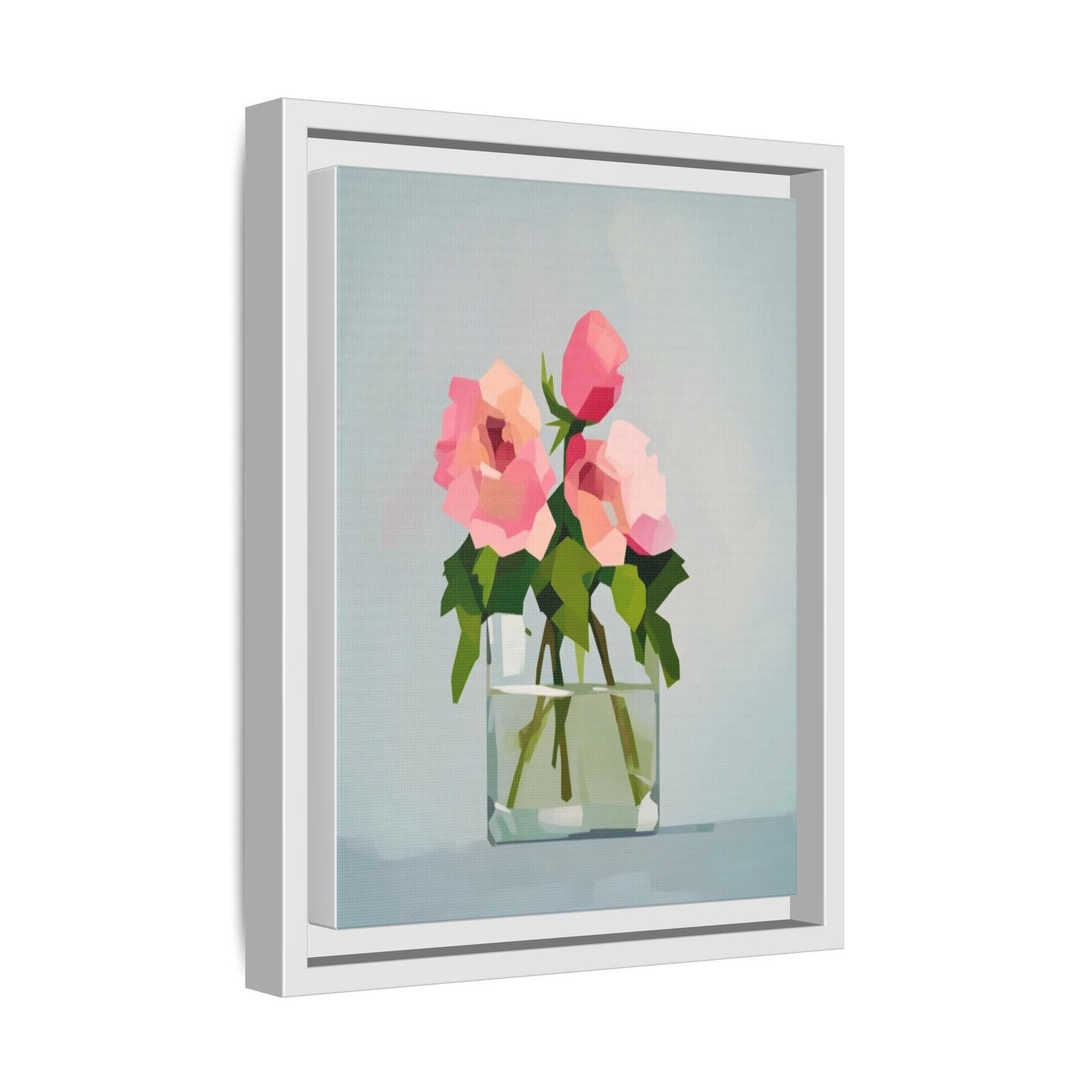 Framed Floral Canvas Print — Pink Roses in Glass Vase (Matte)