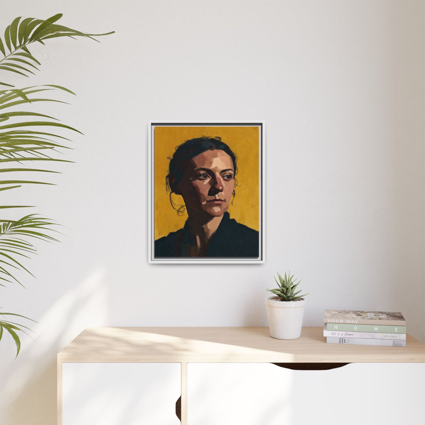 Framed Matte Canvas Portrait Art — Moody Woman on Mustard Background