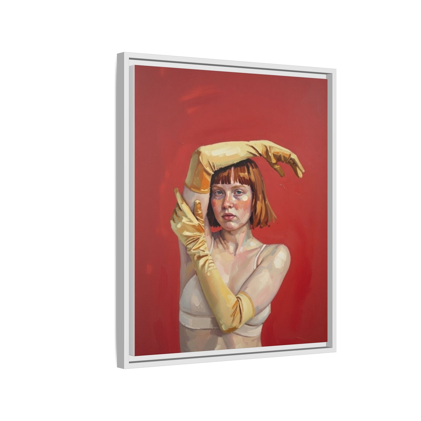 Framed Matte Canvas Art - Portrait of Woman in Yellow Gloves (Red Background)
