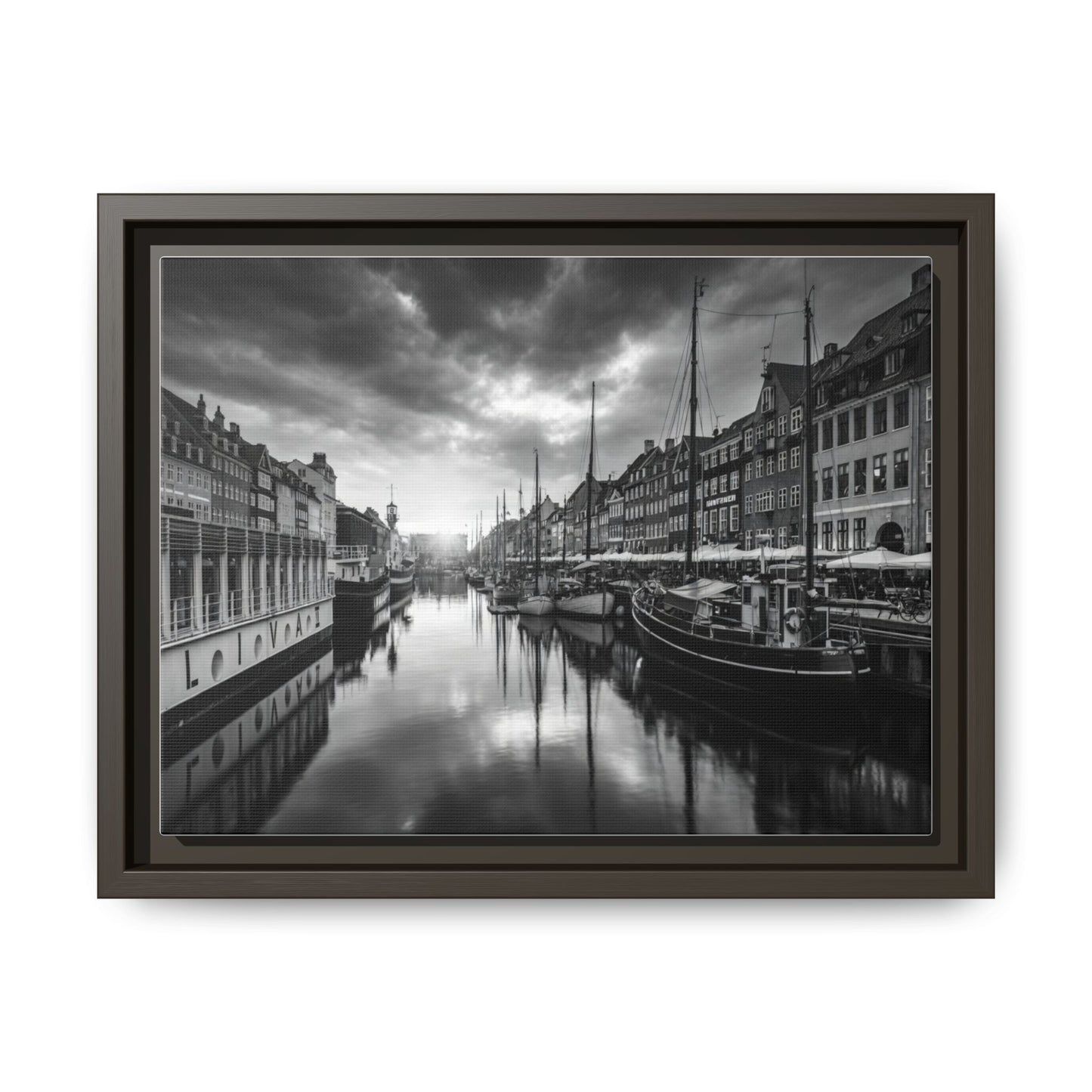 Framed Matte Canvas: Black & White Dutch Canal Photography Wall Art