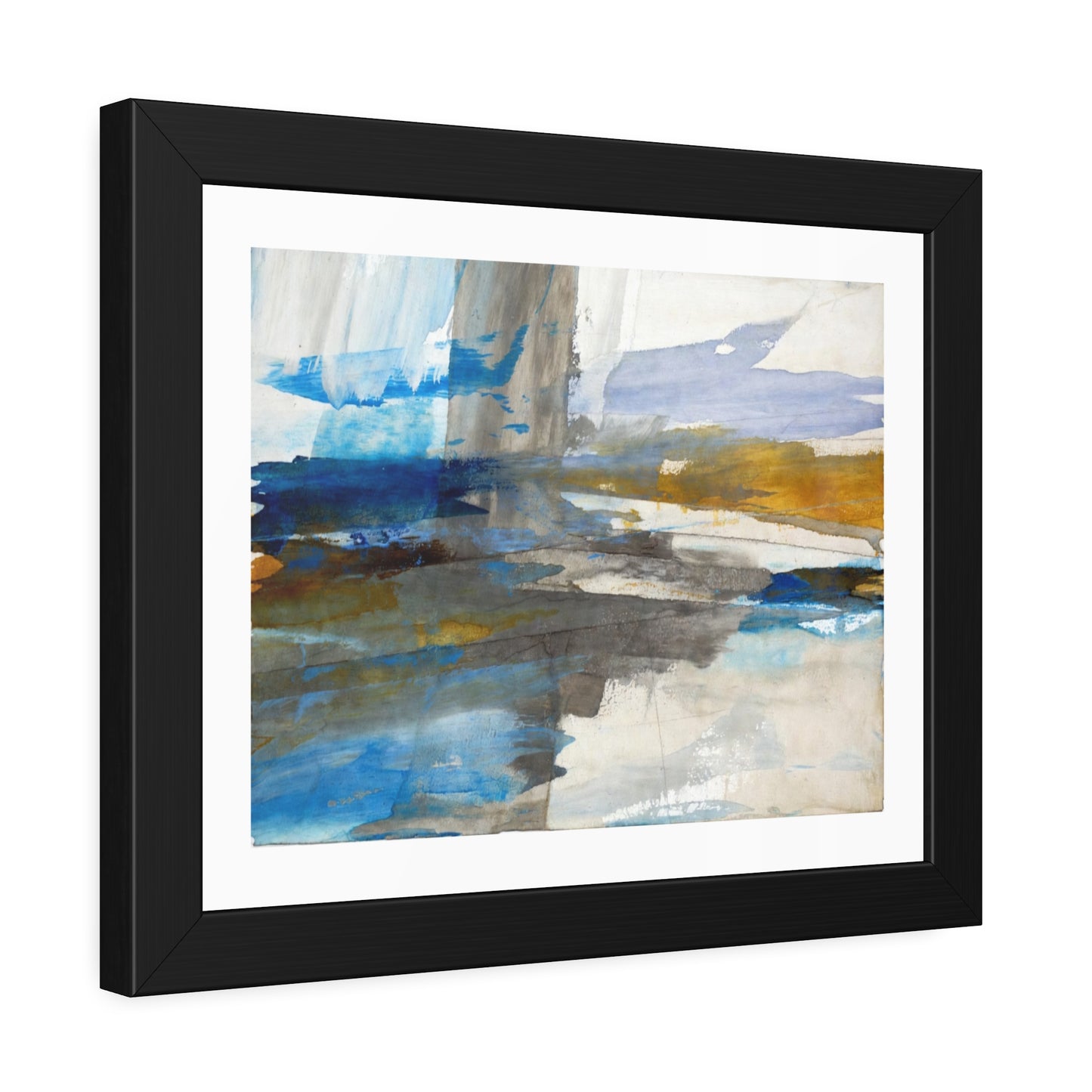 Abstract Coastal Waterscape Framed Poster — Blue & Gold Modern Wall Art