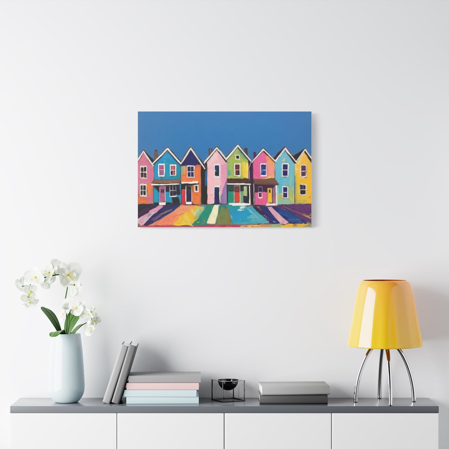 Colorful Row Houses Matte Canvas Print Vibrant Coastal Neighborhood Wall Art