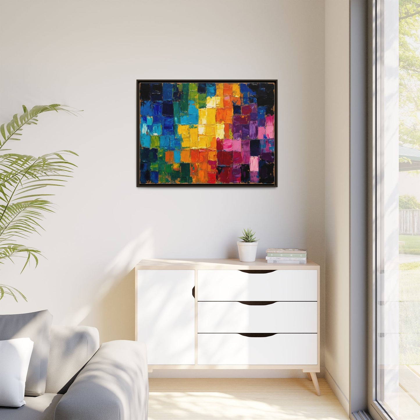 Abstract Rainbow Mosaic Framed Canvas Print — Colorful Modern Wall Art