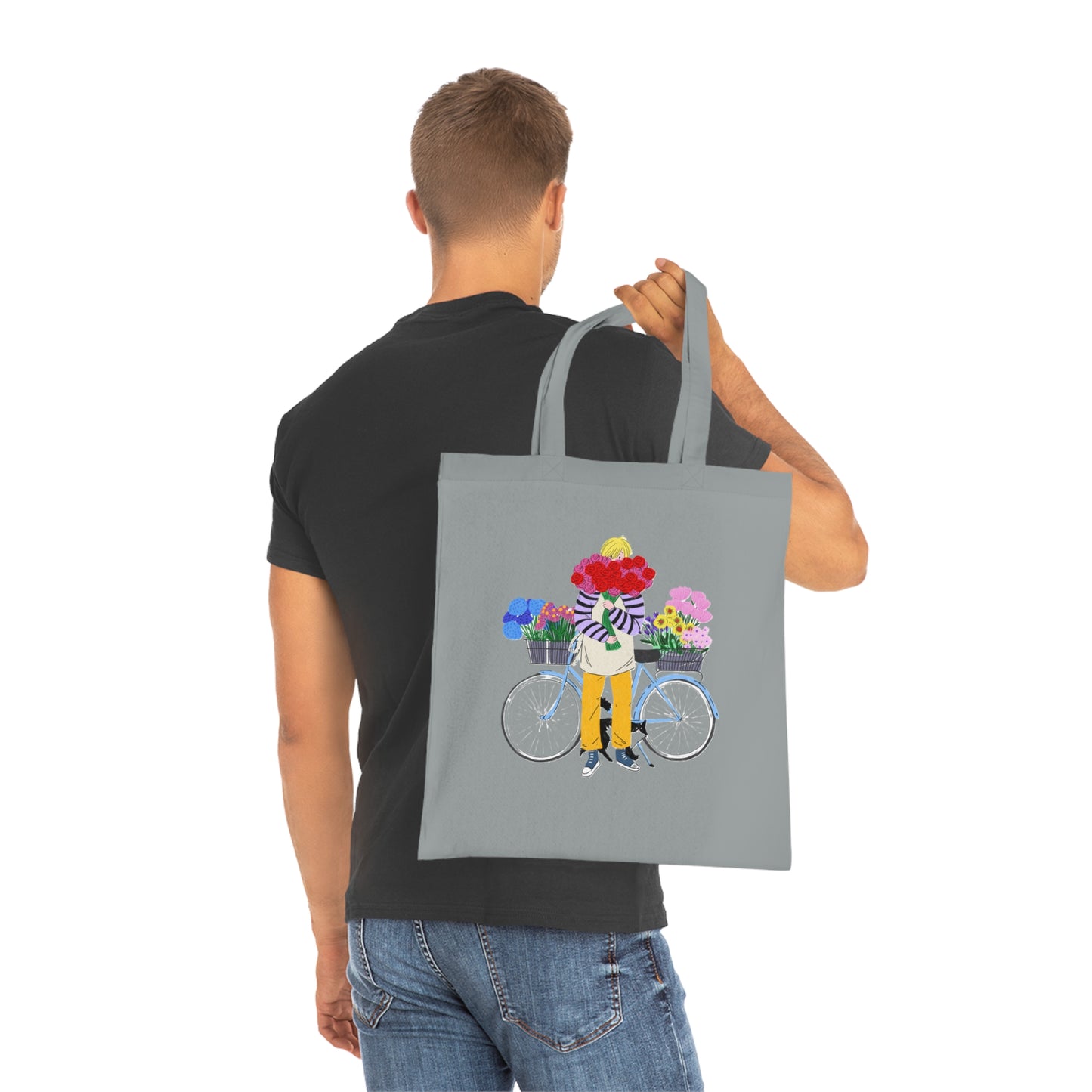 Floral Bike Tote Bag — Cotton Market Tote with Colorful Flower Bicycle Design
